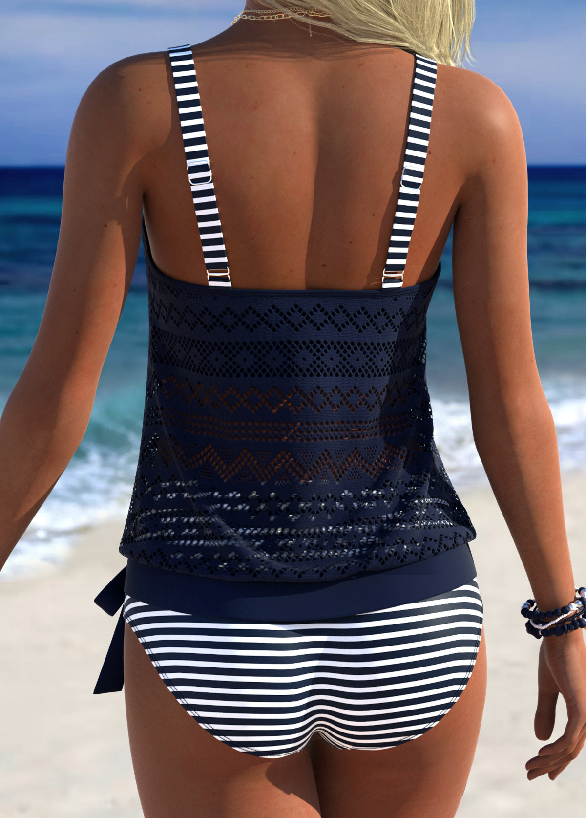 Navy Mid Waisted Blouson Striped Tankini Set | picture 