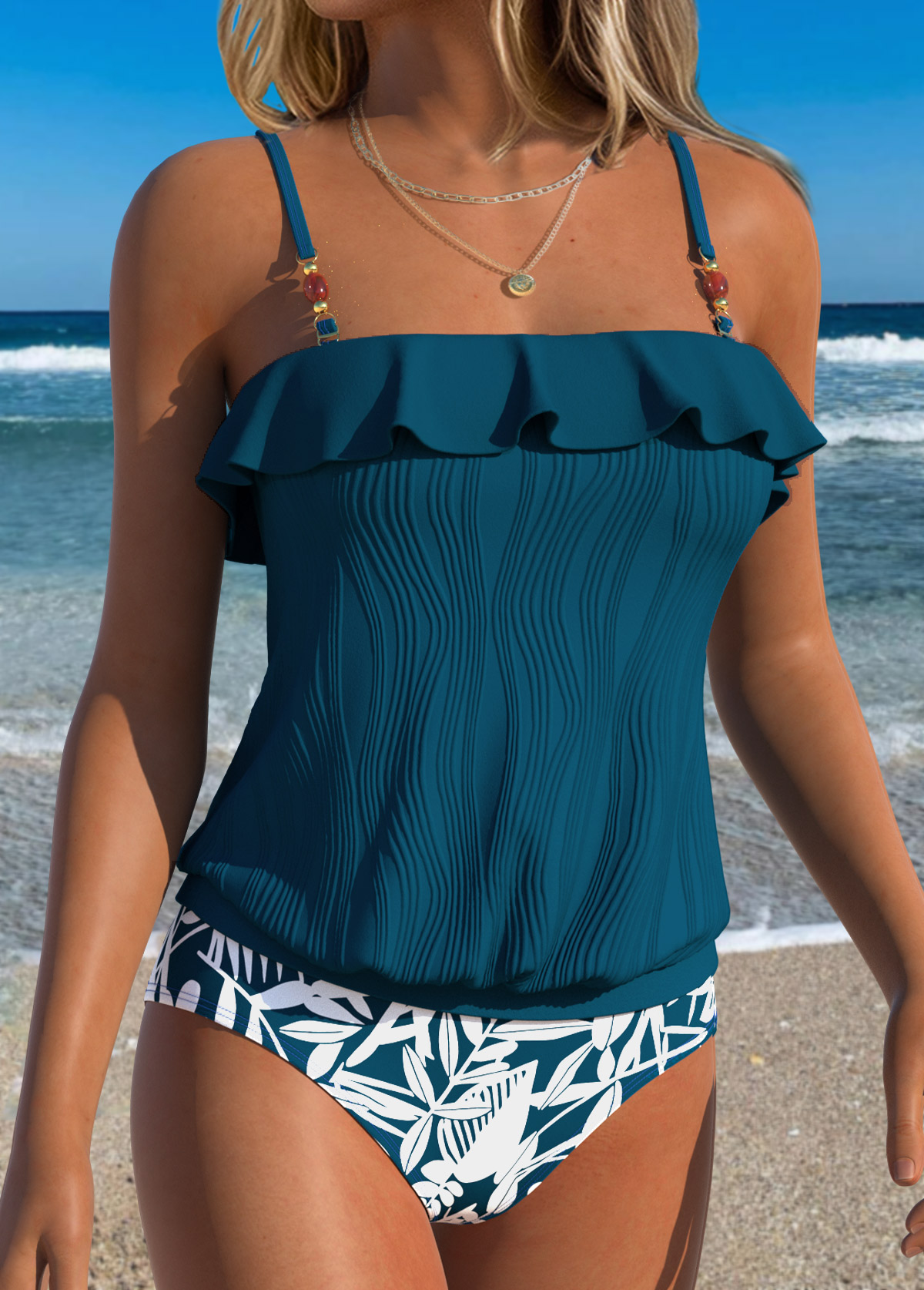 Peacock Blue Mid Waisted Ruffle Floral Print Tankini Set | picture 