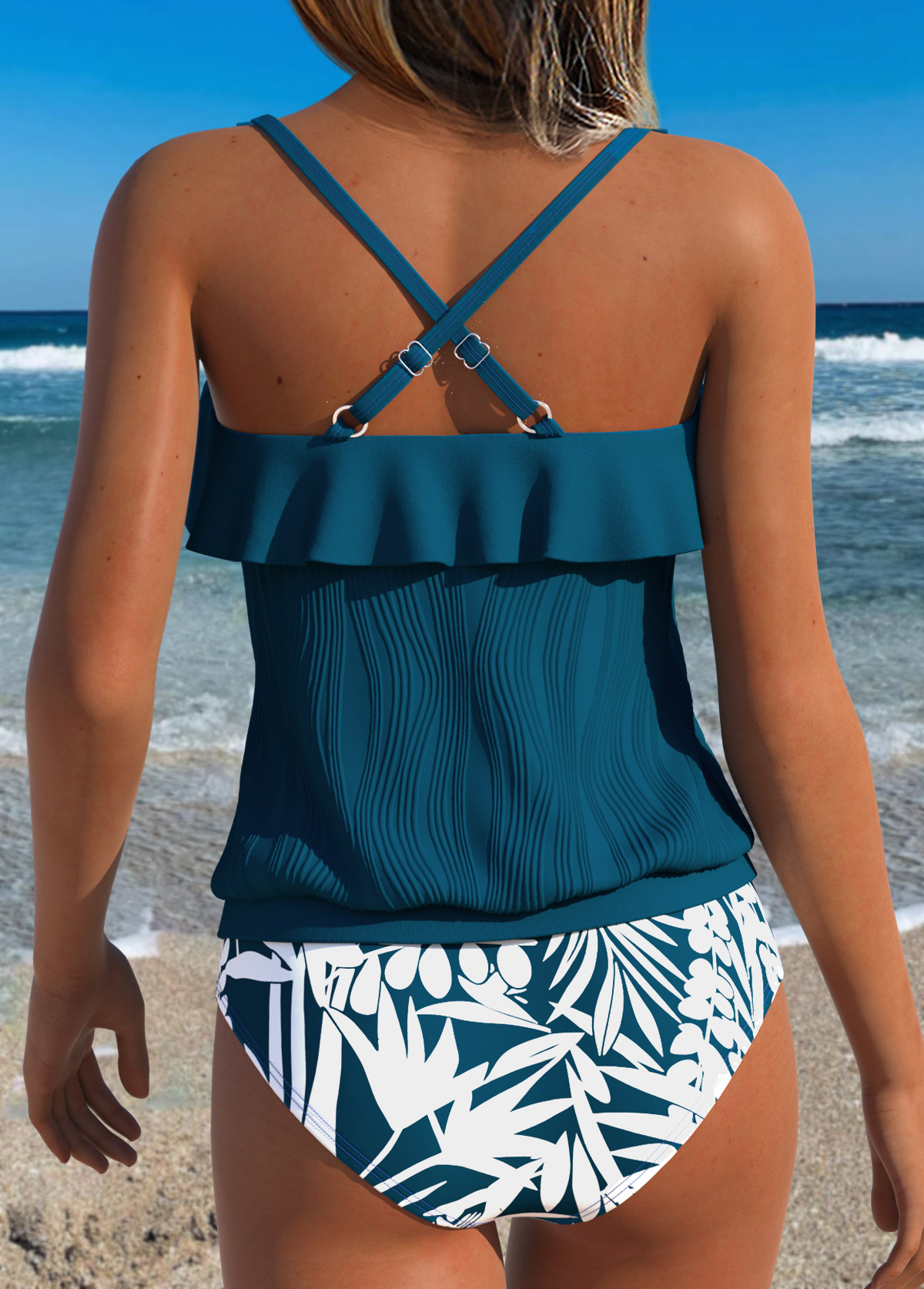 Peacock Blue Mid Waisted Ruffle Floral Print Tankini Set | picture 