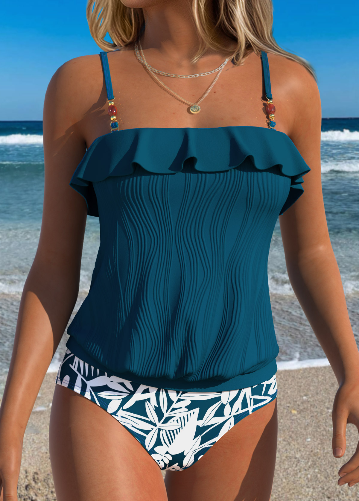 Peacock Blue Mid Waisted Ruffle Floral Print Tankini Set | picture 