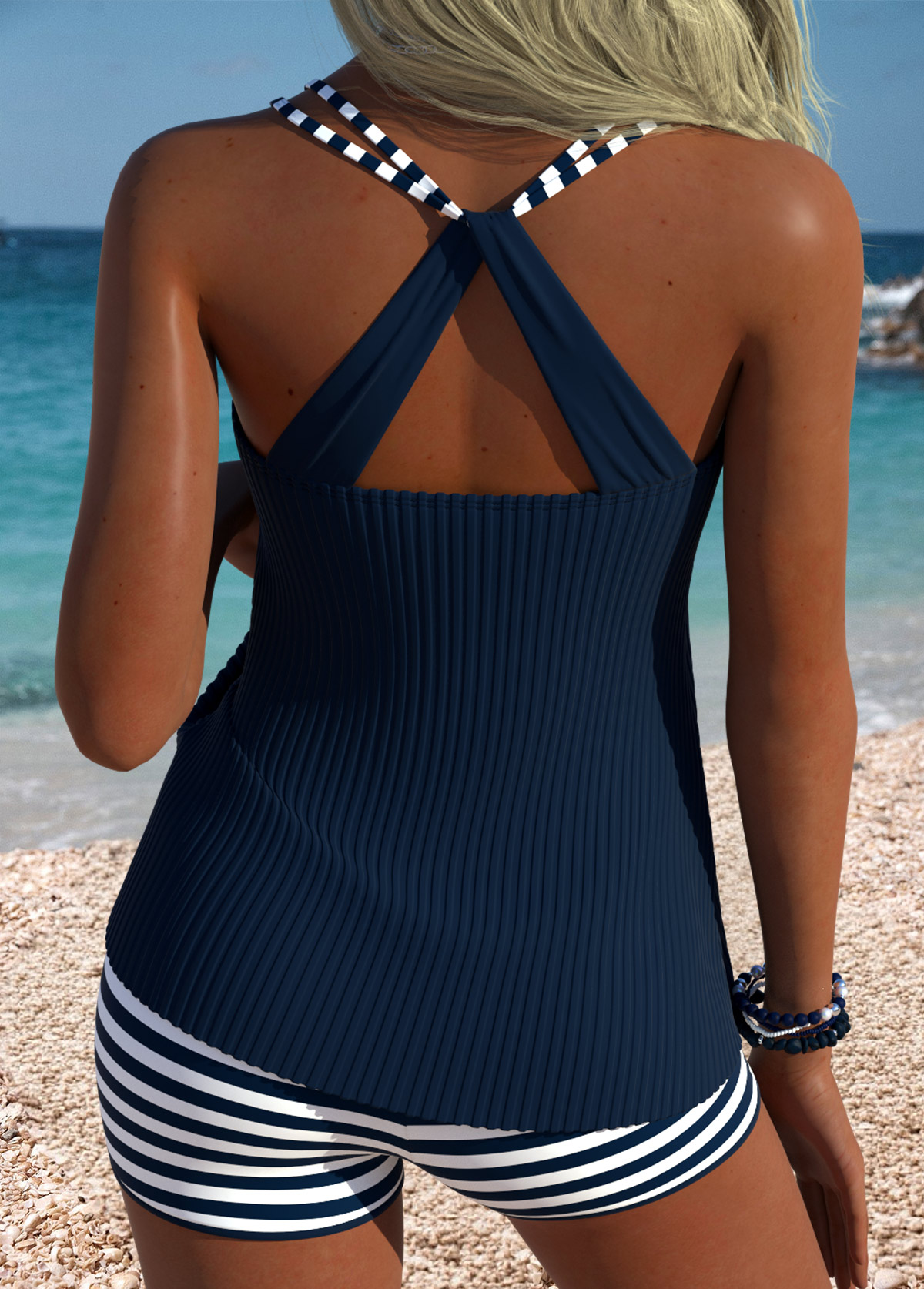 Navy Mid Waisted Tummy Coverage Striped Tankini Set | picture 