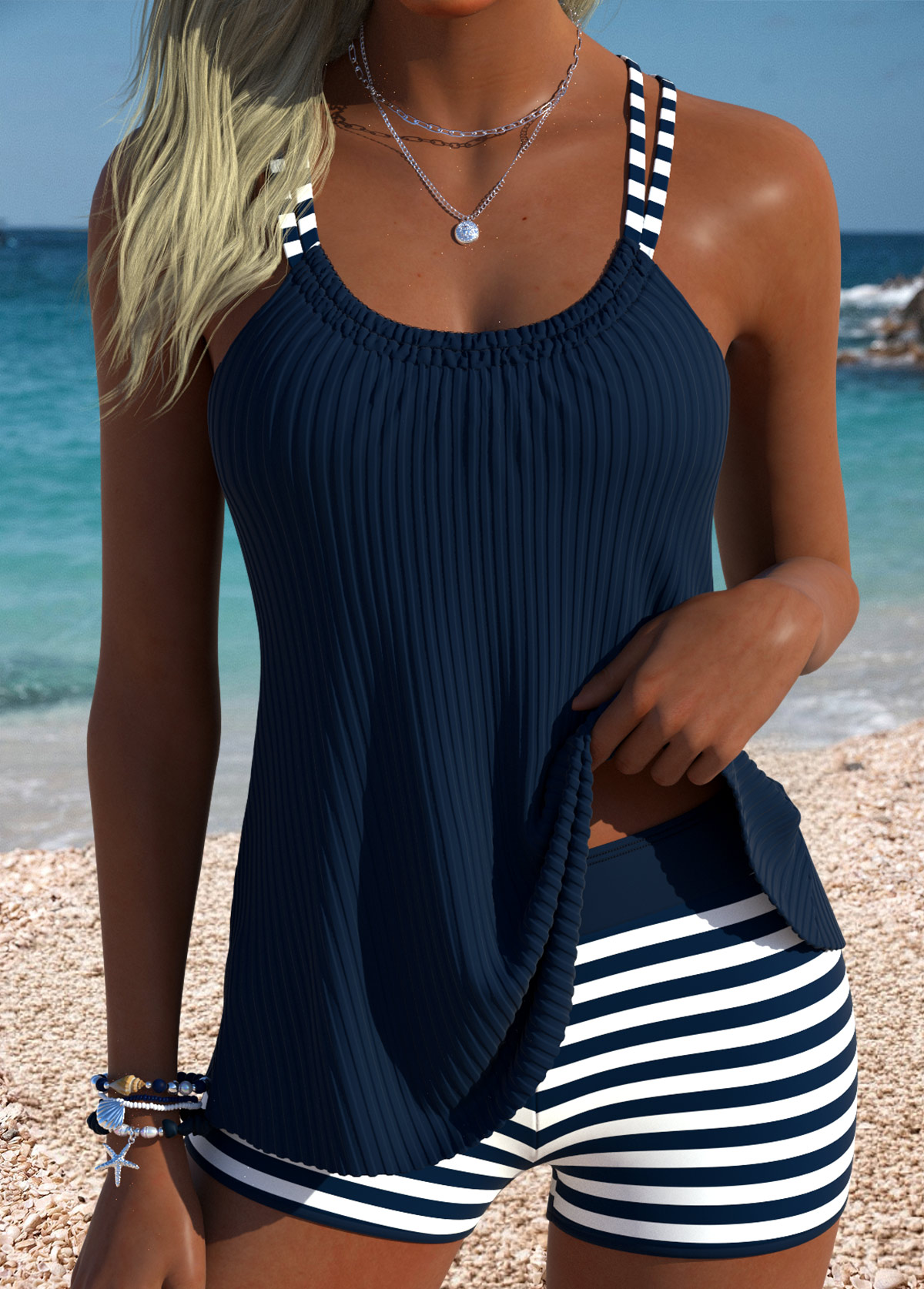 Navy Mid Waisted Tummy Coverage Striped Tankini Set | picture 