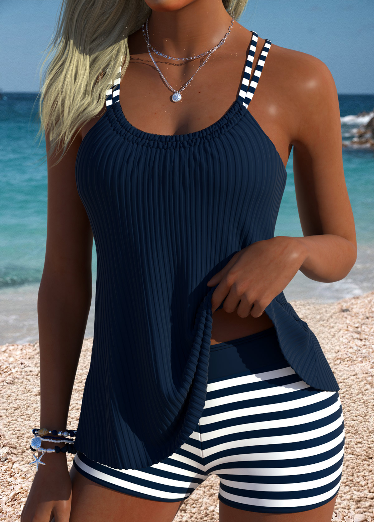 Navy Mid Waisted Tummy Coverage Striped Tankini Set | picture 