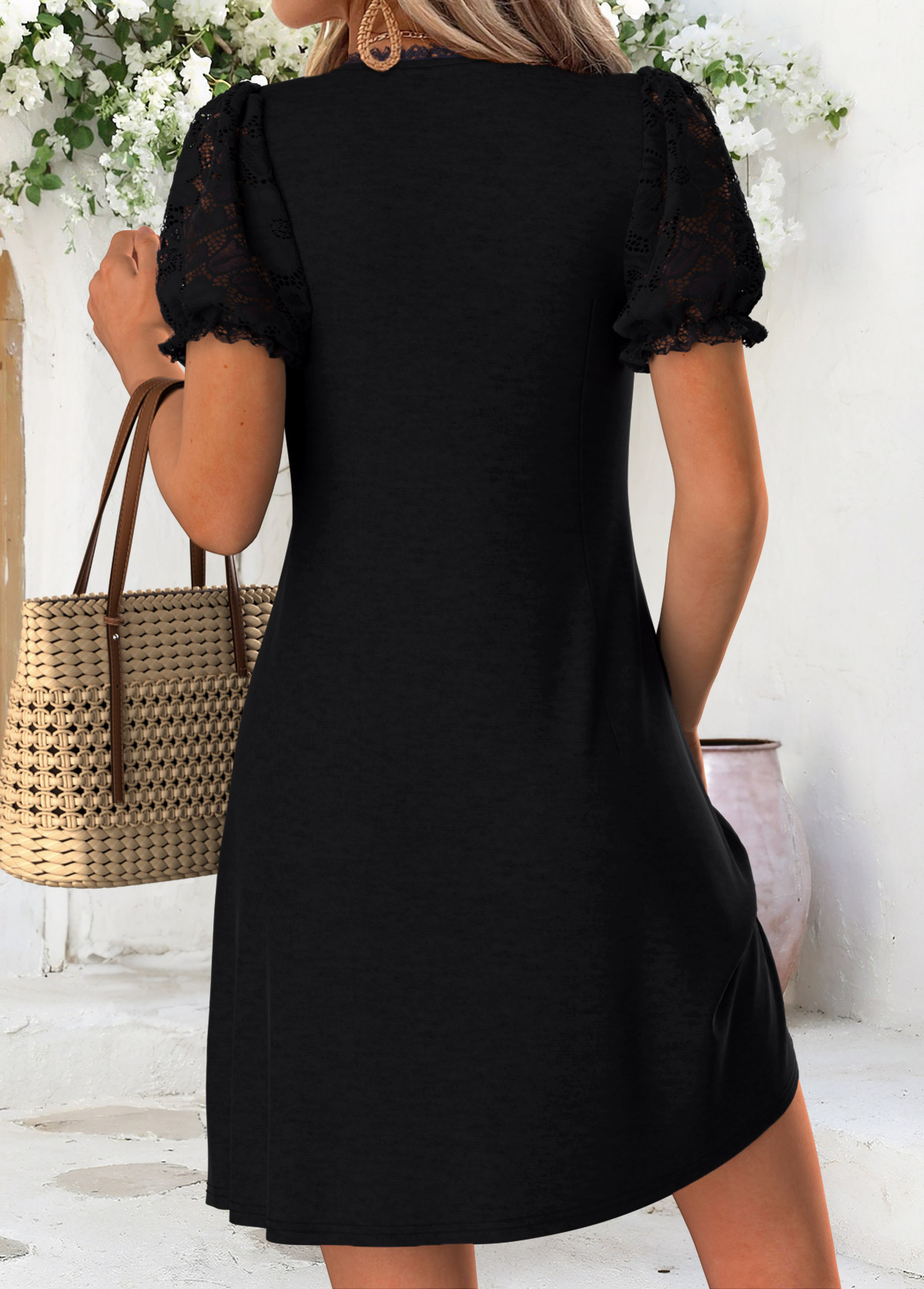 Black Short Tuck Stitch V Neck Dress | picture 
