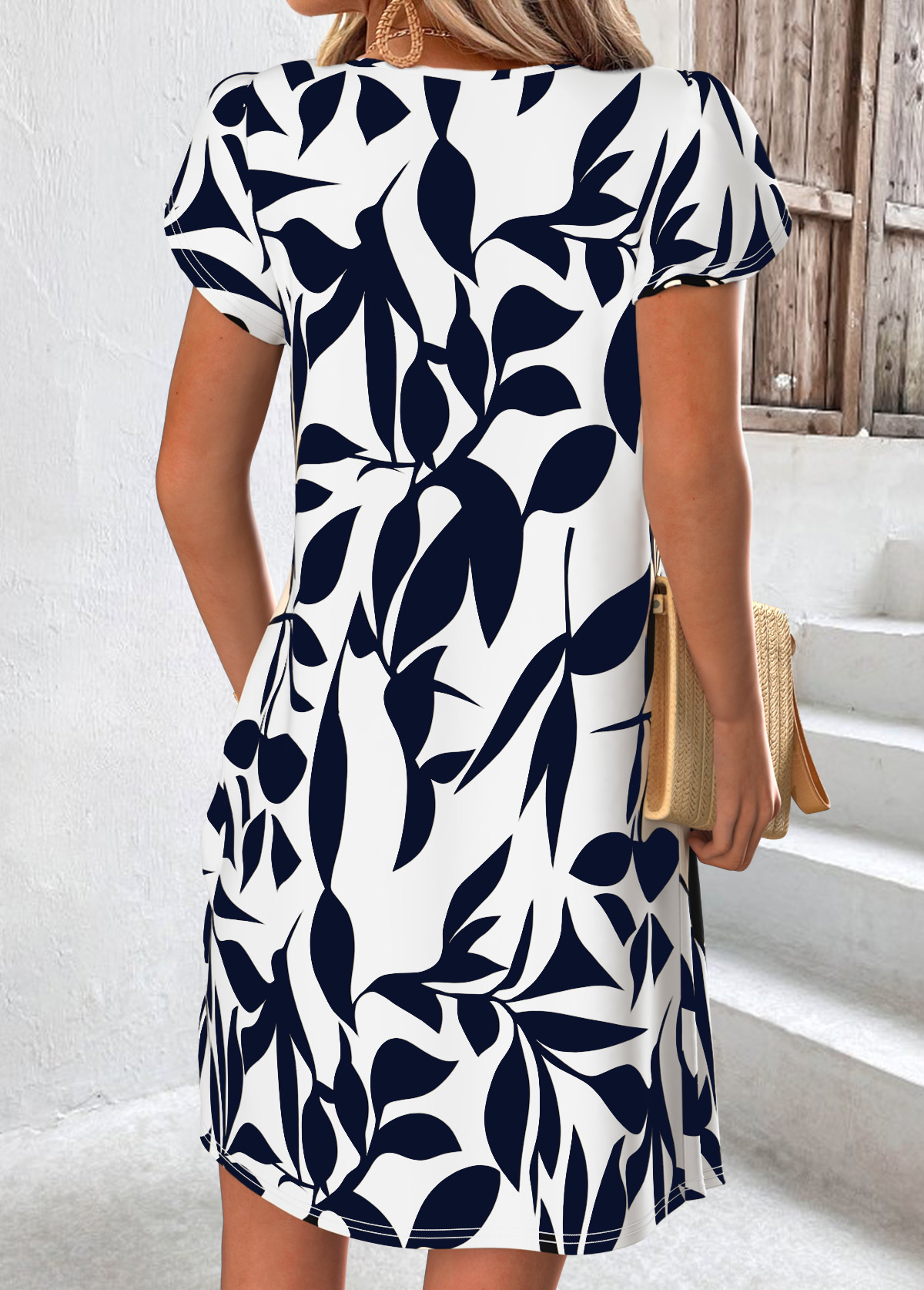 Navy Leaf Print Short Tummy Coverage Asymmetrical Neck Dress | picture 