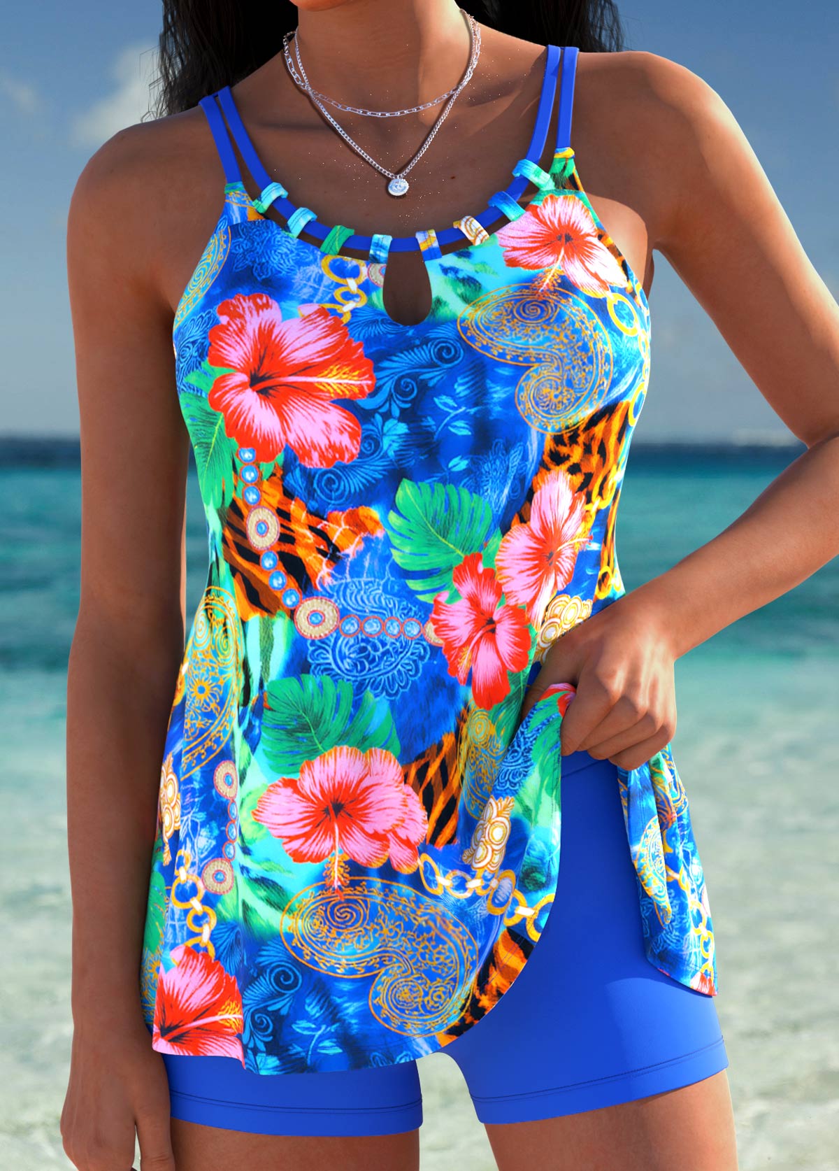 Royal Blue Mid Waisted Tummy Coverage Tankini Set | picture 