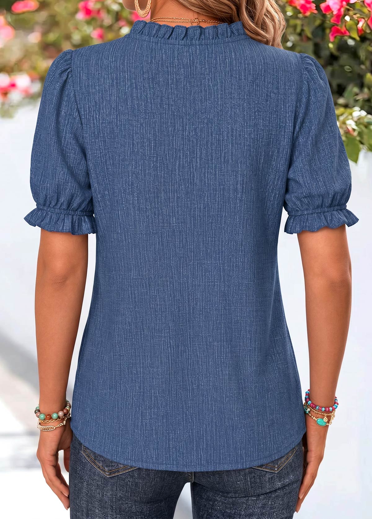 Denim Blue Ditsy Floral Print Curved Hem Blouse | picture 