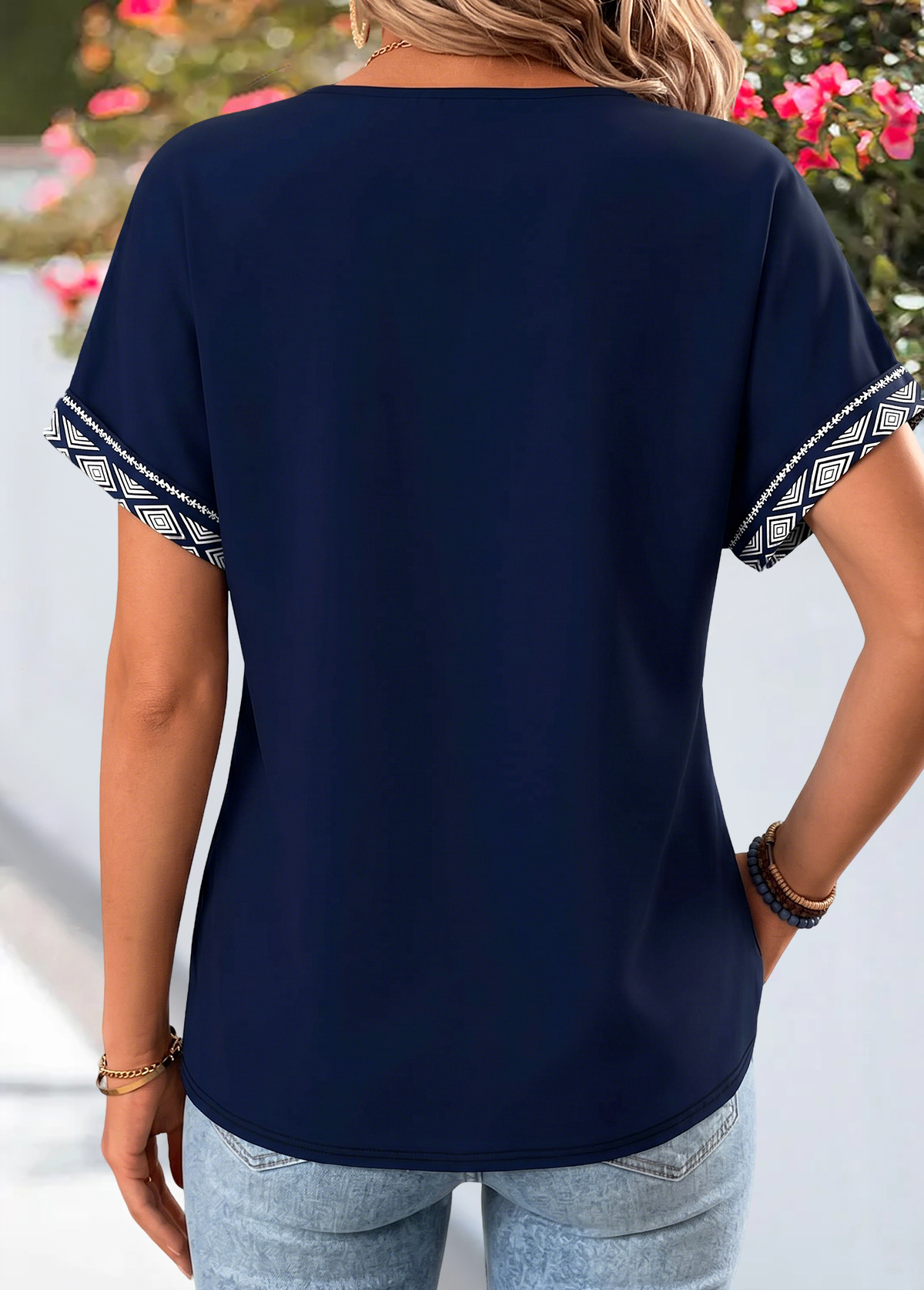 Navy Floral Print Tummy Coverage Short Sleeve T Shirt | picture 