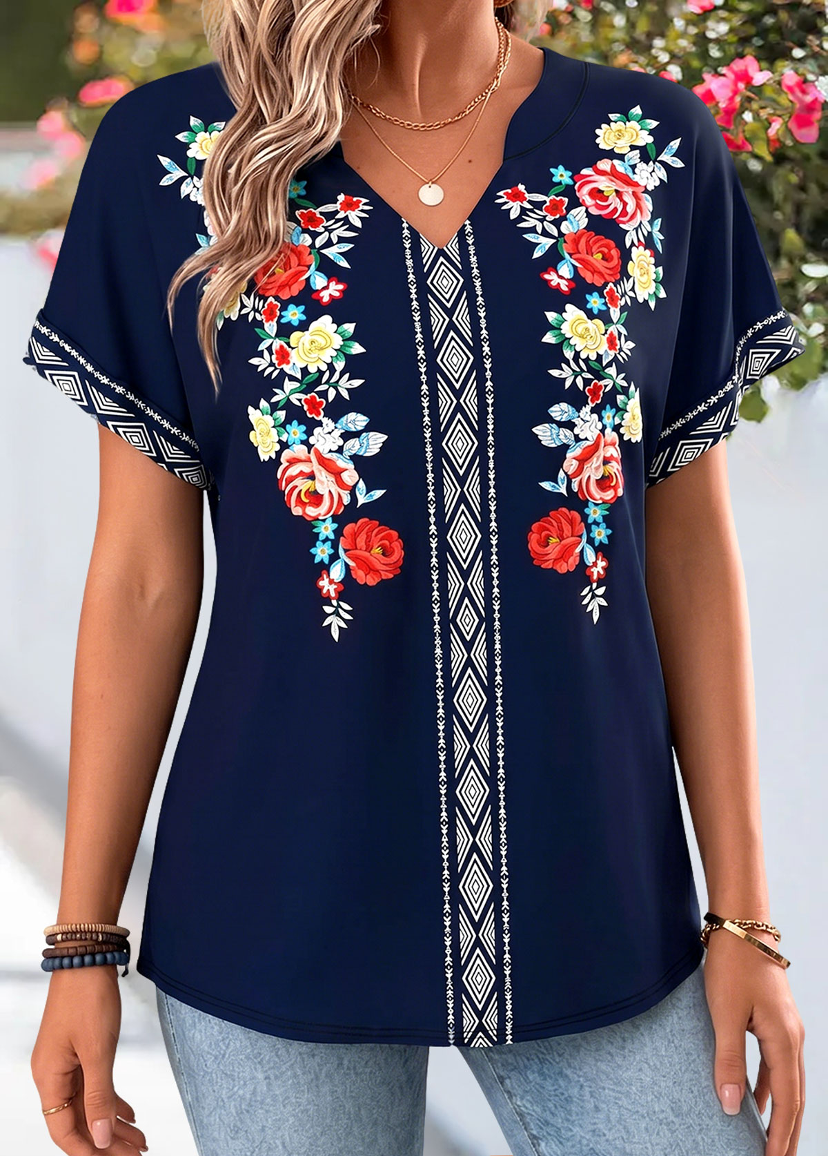 Navy Floral Print Tummy Coverage Short Sleeve T Shirt | picture 