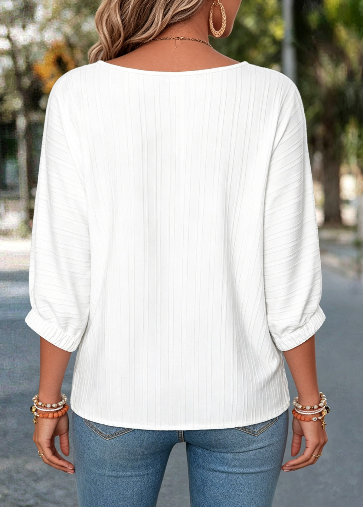 White Floral Print Tummy Coverage 3/4 Sleeve Blouse | picture 