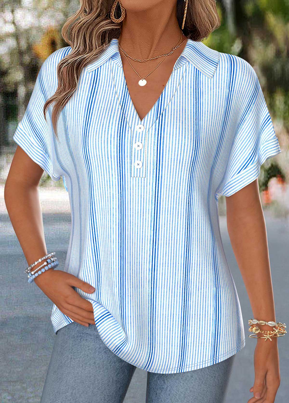 Blue Striped Curved Hem Short Sleeve Blouse | picture 