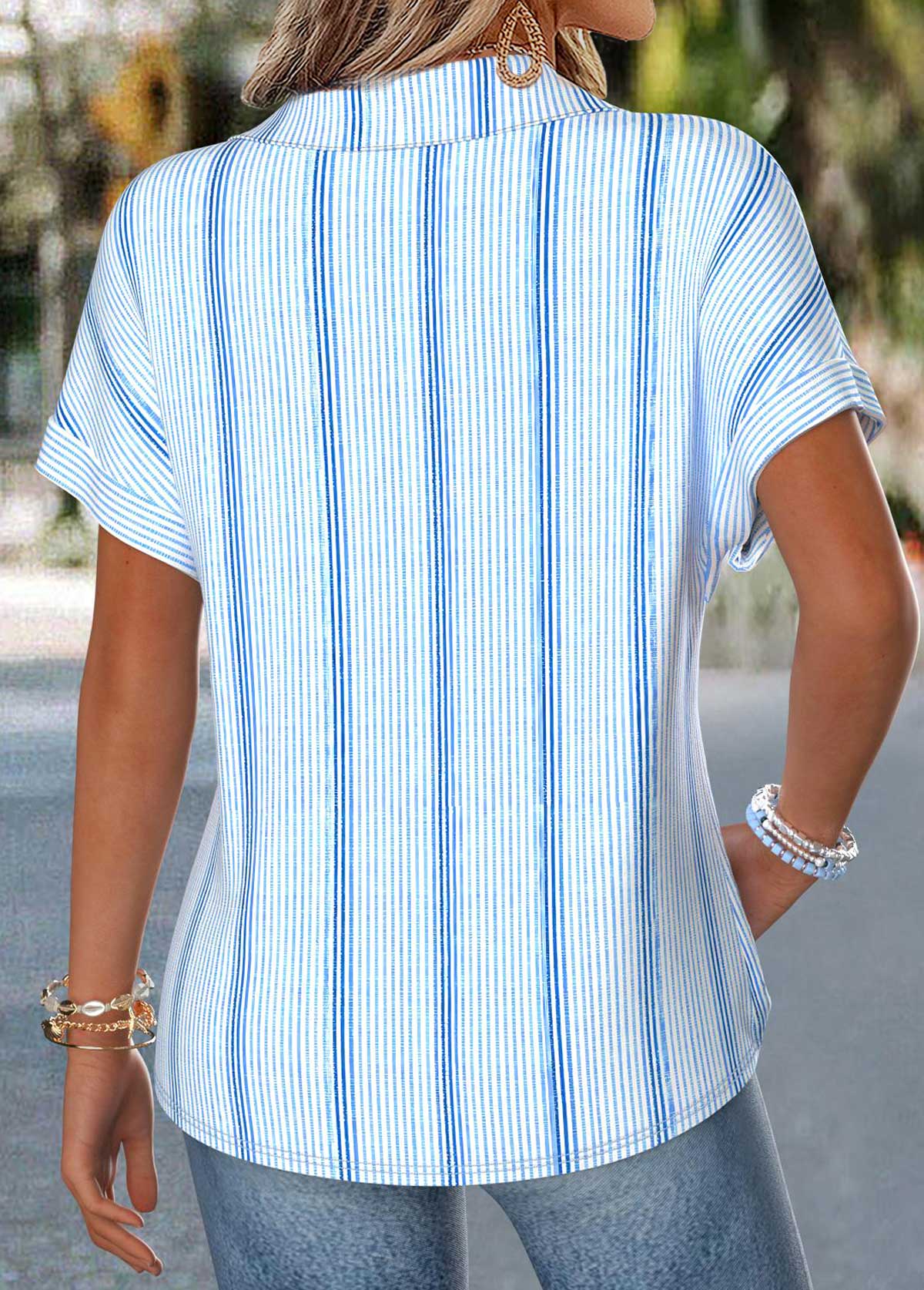 Blue Striped Curved Hem Short Sleeve Blouse | picture 