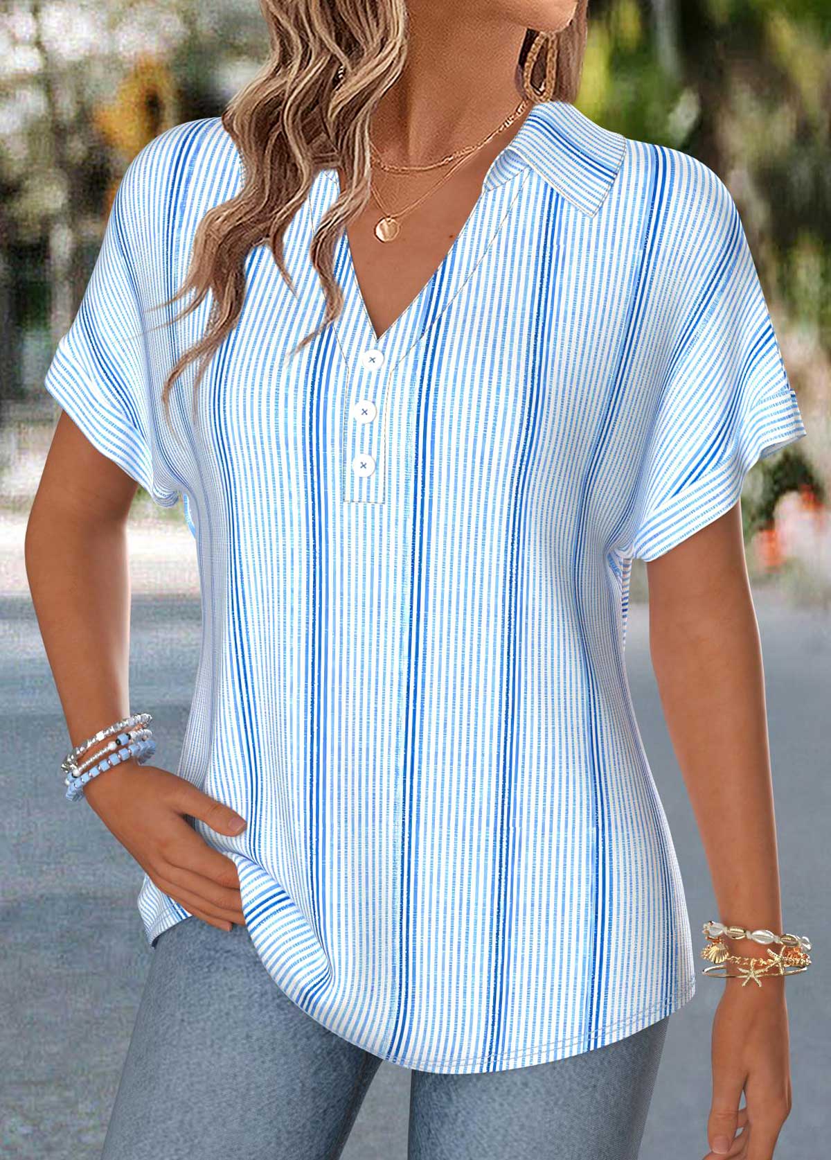 Blue Striped Curved Hem Short Sleeve Blouse | picture 