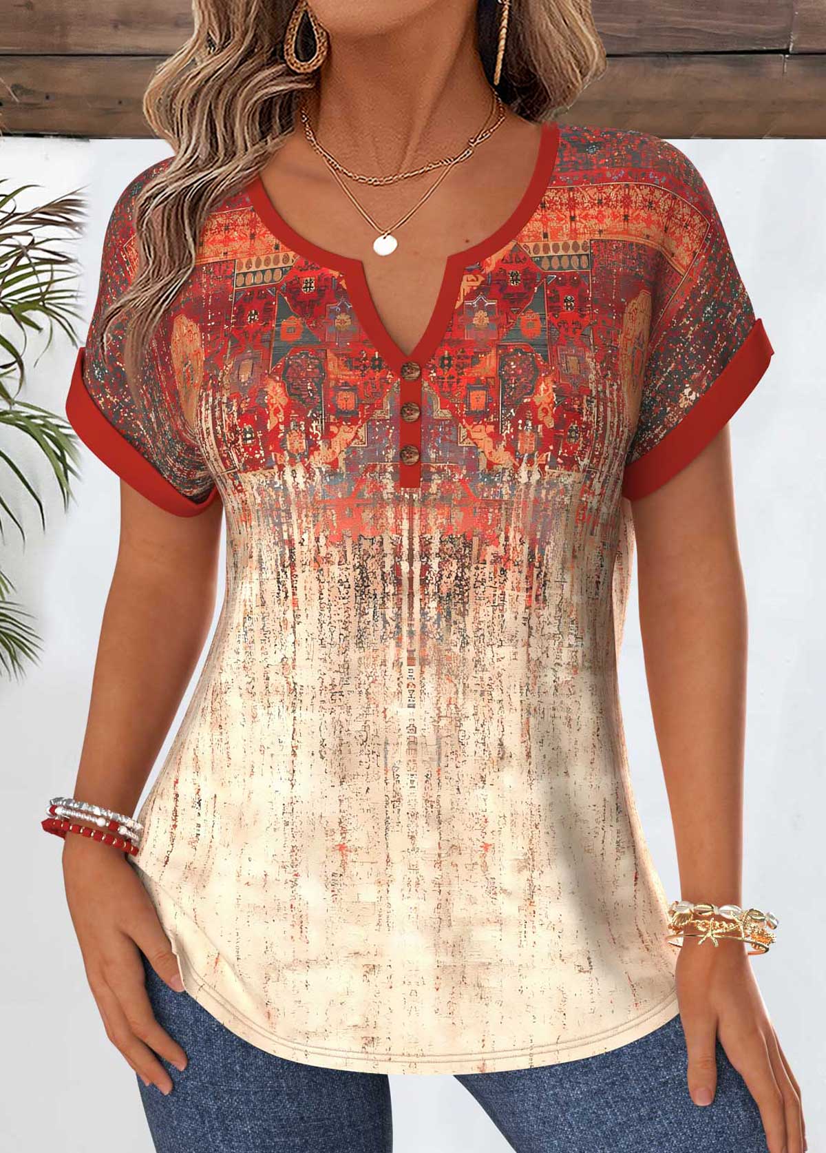 Red Tribal Print Tummy Coverage Short Sleeve Blouse | picture 