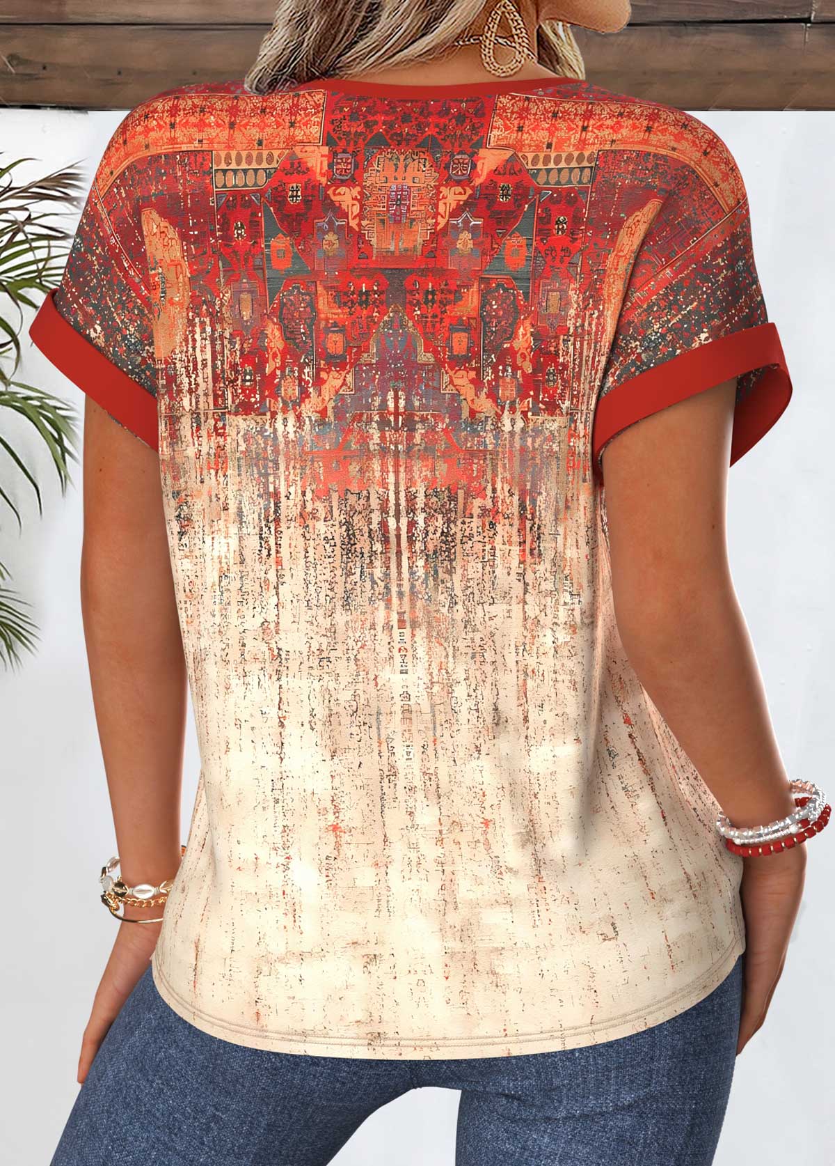 Red Tribal Print Tummy Coverage Short Sleeve Blouse | picture 