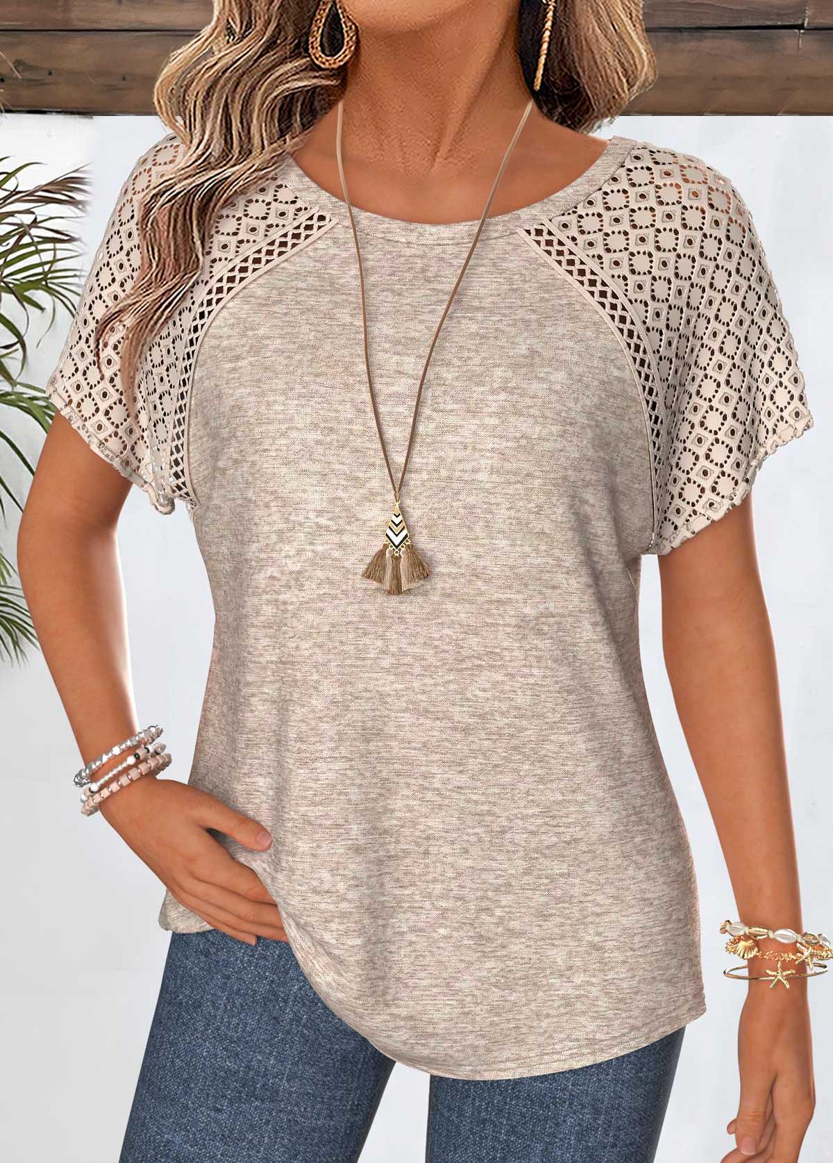 Light Camel Patchwork Short Sleeve Round Neck T Shirt | picture 