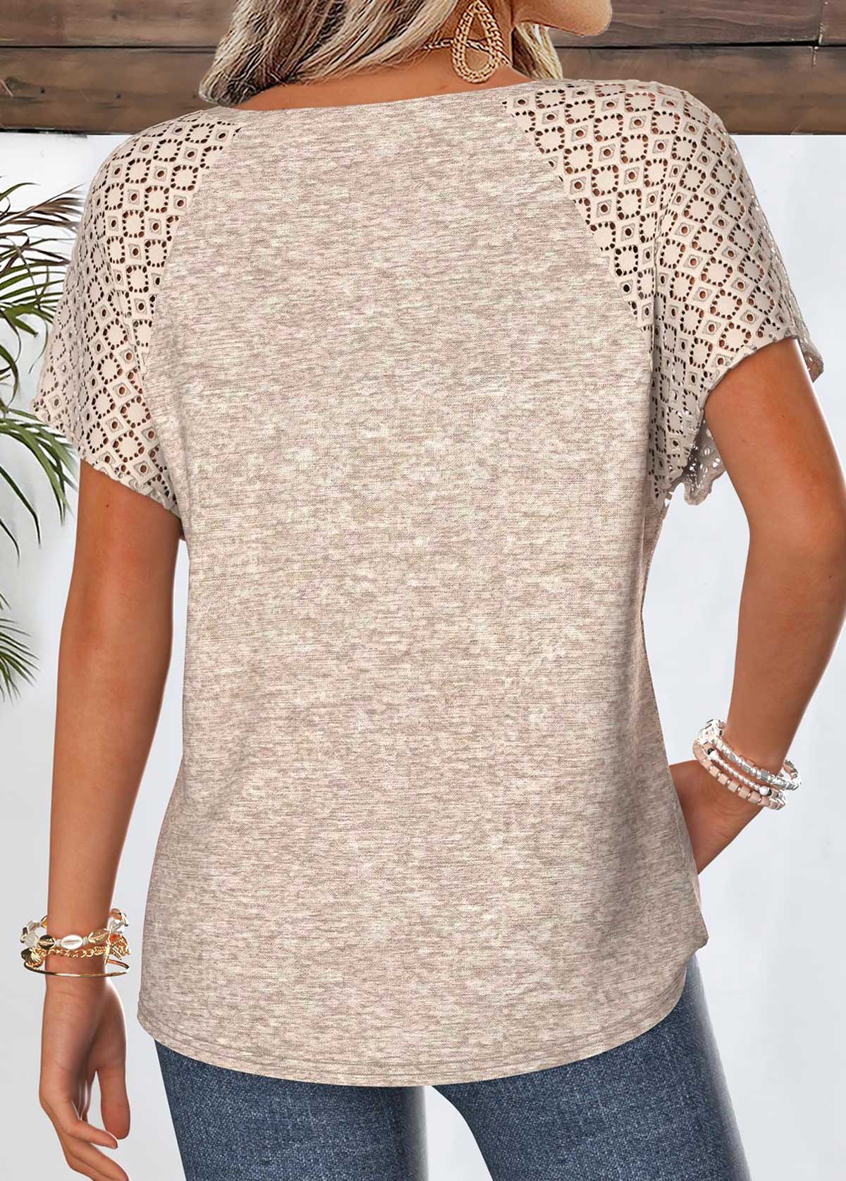 Light Camel Patchwork Short Sleeve Round Neck T Shirt | picture 