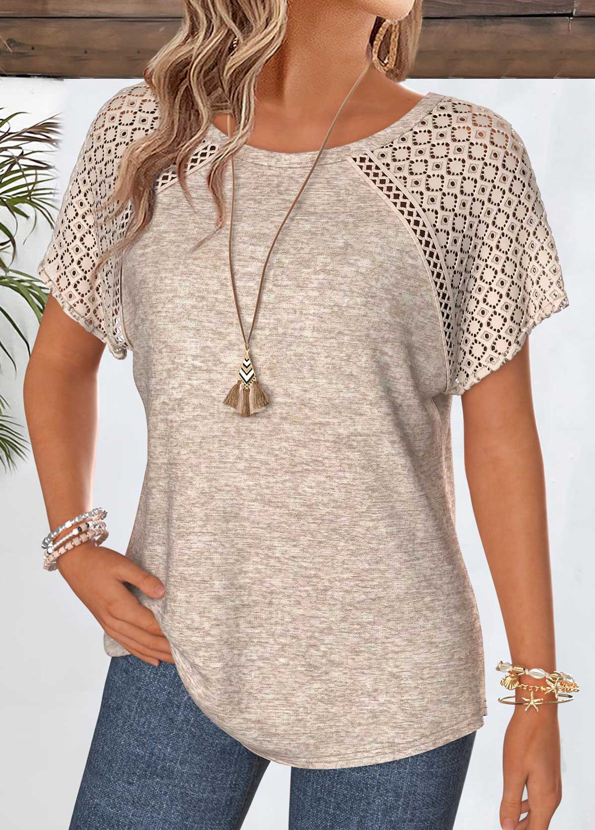 Light Camel Patchwork Short Sleeve Round Neck T Shirt | picture 