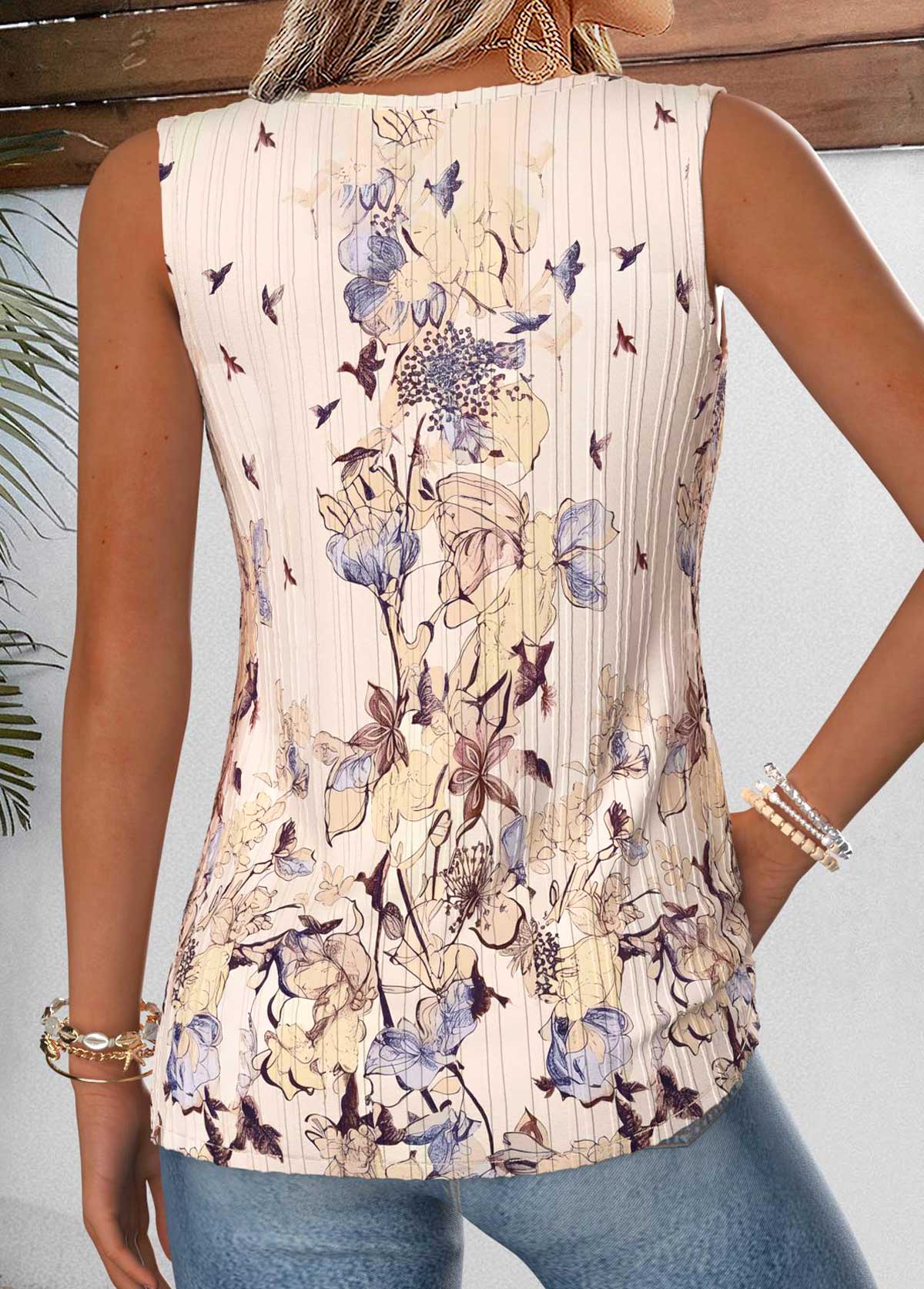 Beige Random Floral Print Patchwork Sleeveless Tank Top | picture 