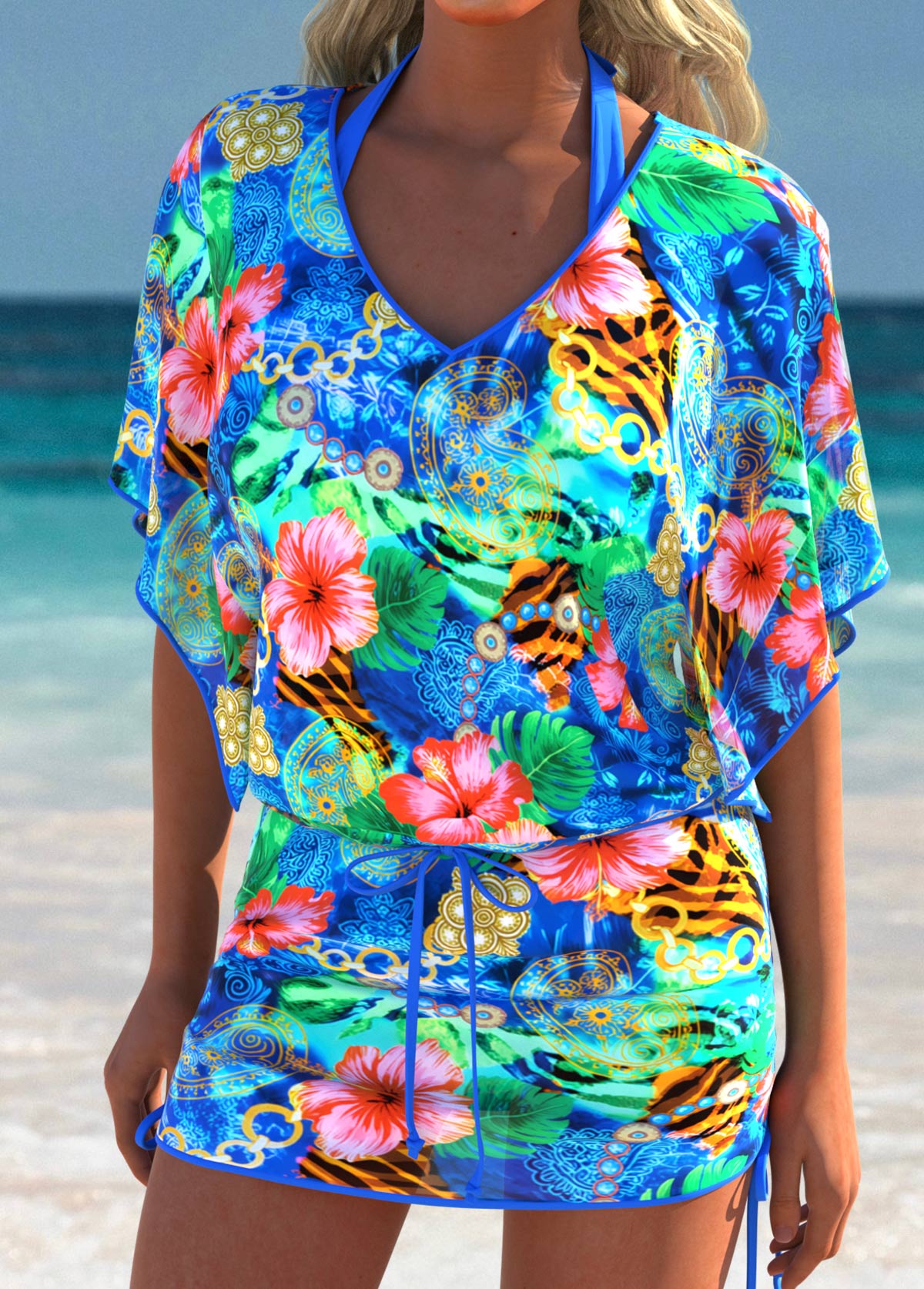 Ocean Print Blue V Neck Cover Up | picture 
