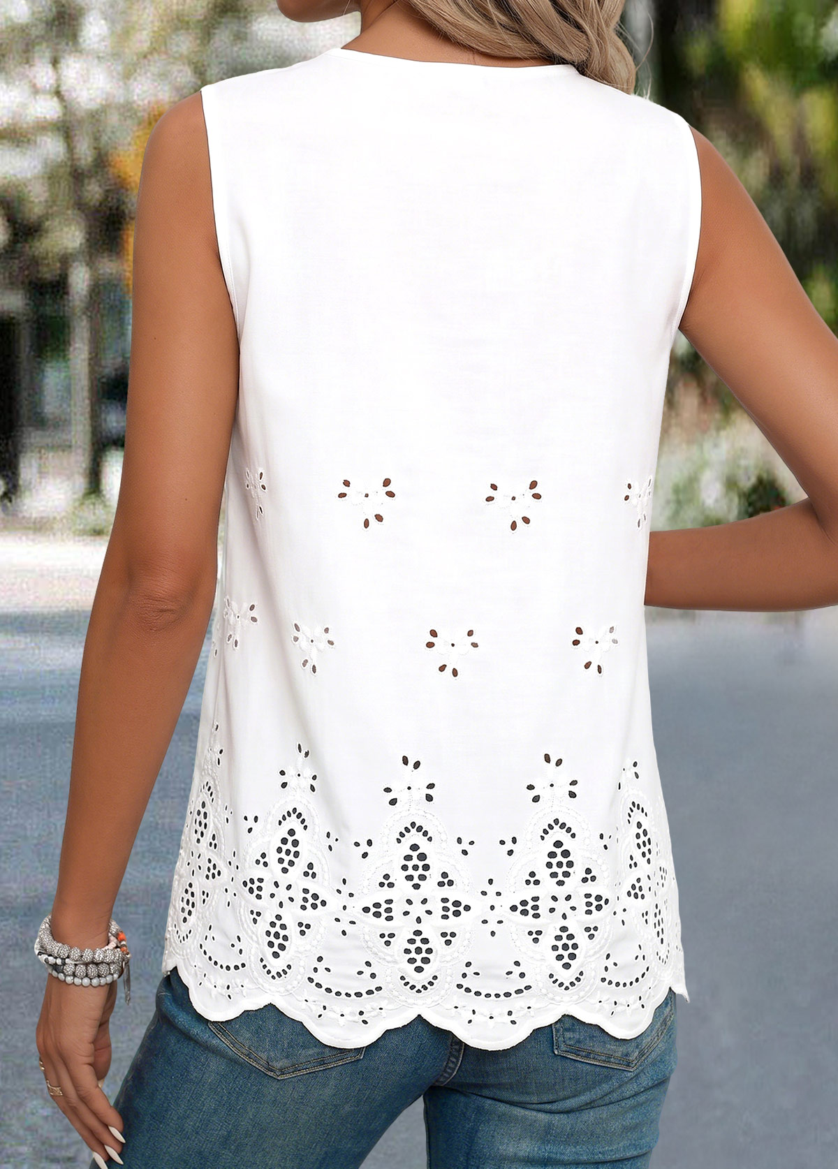 White Lace Trim Sleeveless Split Neck Tank Top | picture 