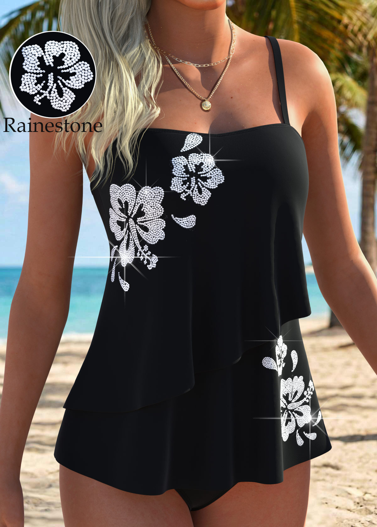 Black Mid Waisted Layered Floral Print Tankini Set | picture 
