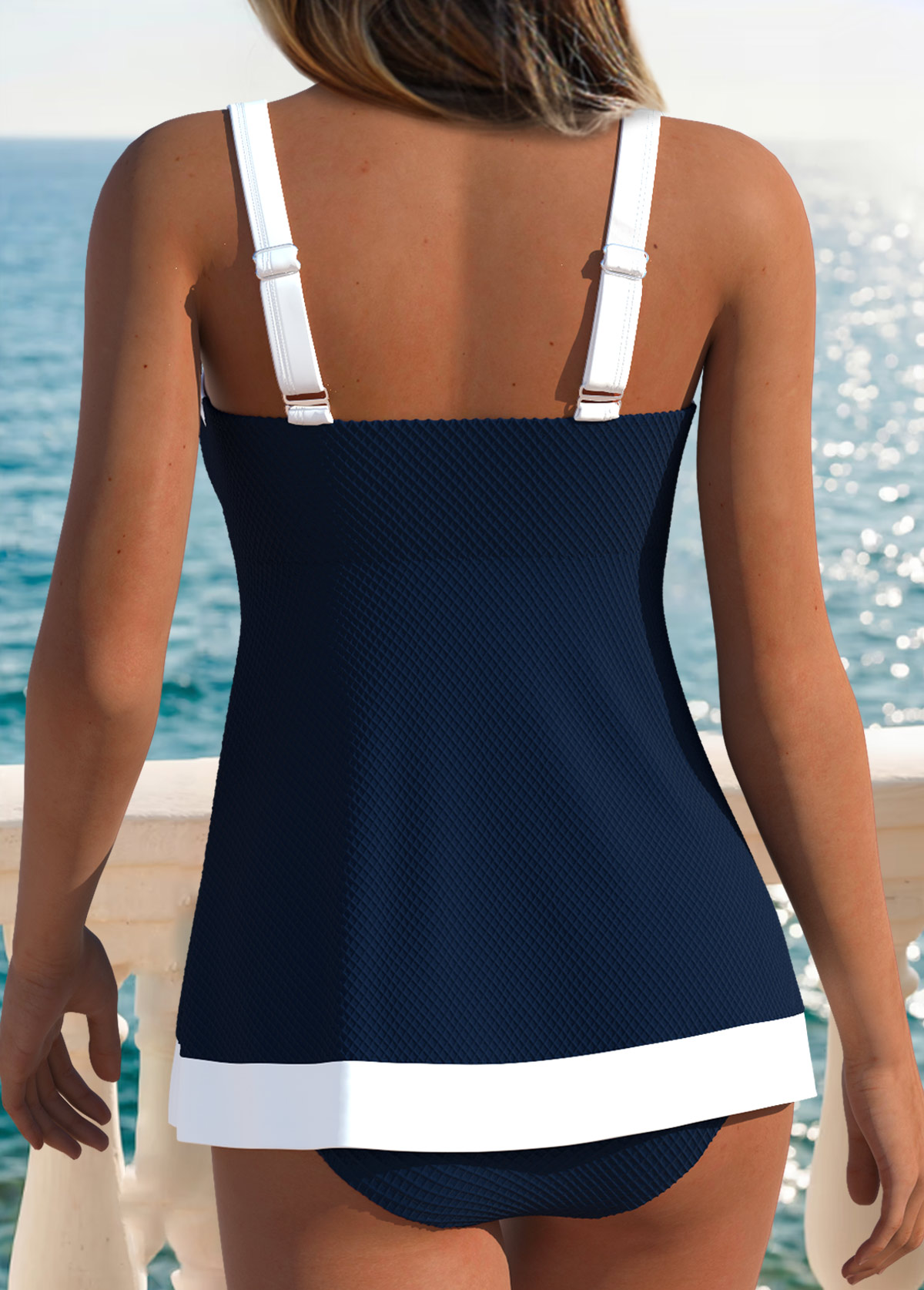 Navy Mid Waisted Patchwork Tankini Set | picture 