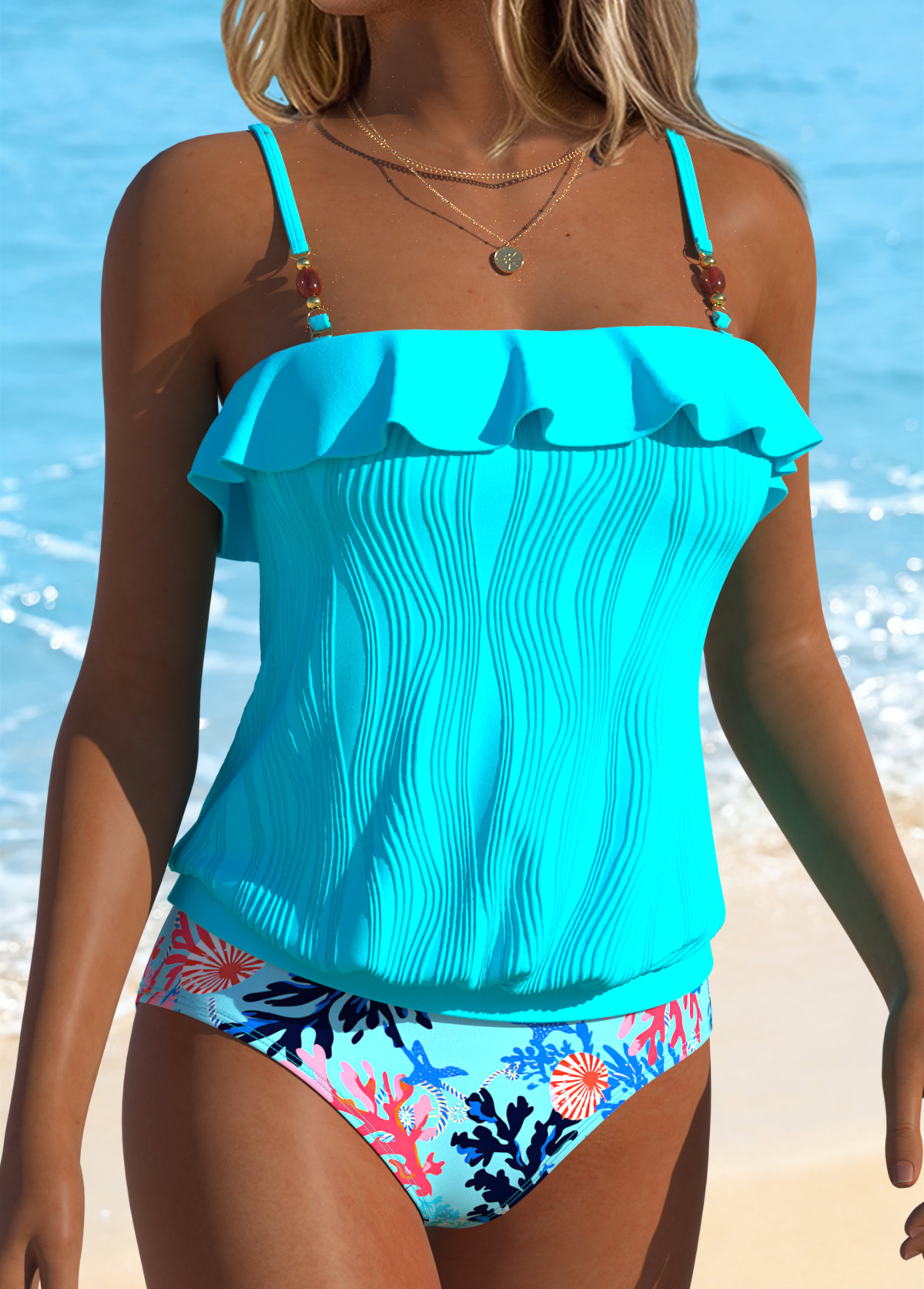Light Blue Mid Waisted Ruffle Tankini Set | picture 