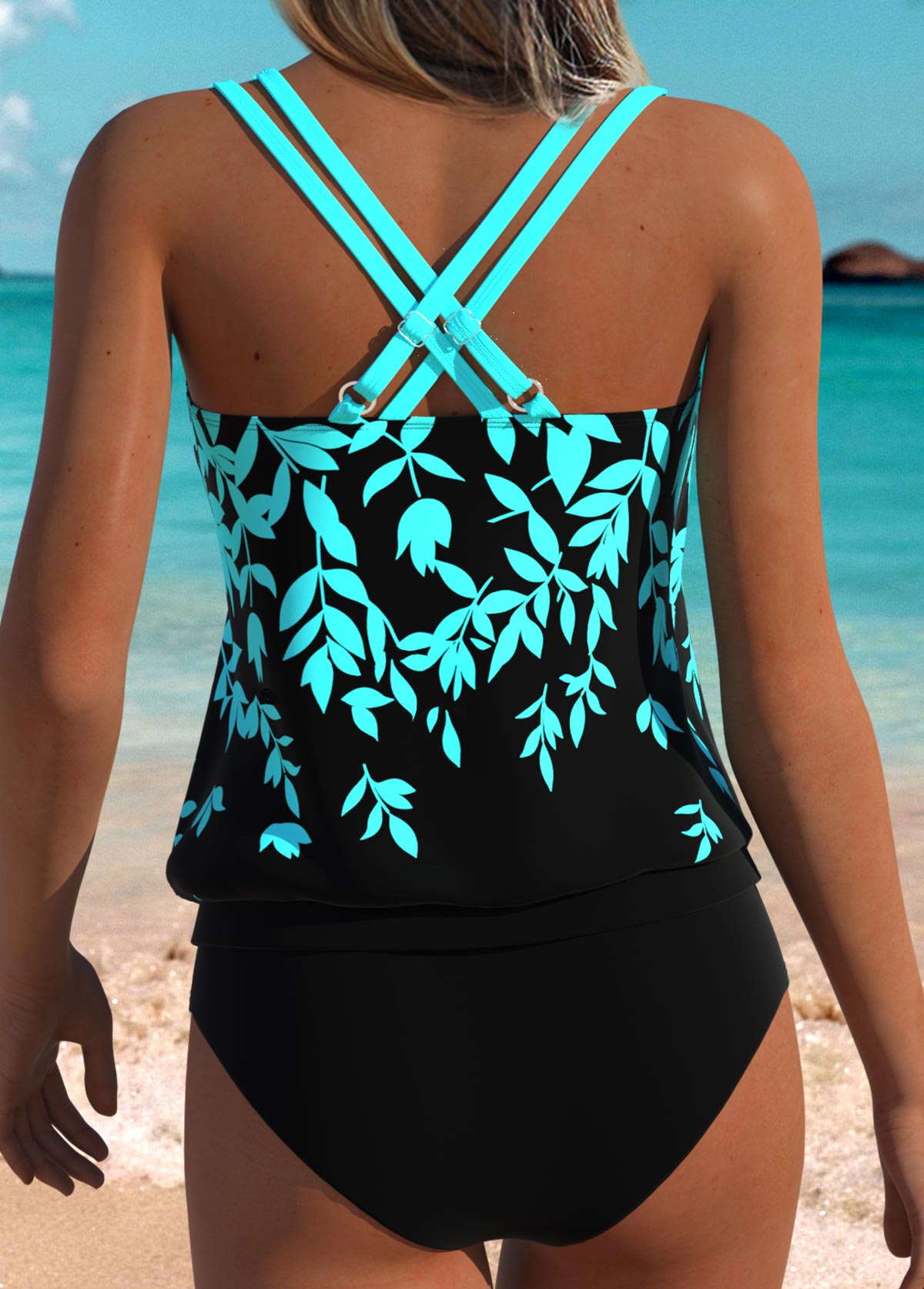 Cyan Mid Waisted Ruffle Leaf Print Tankini Top-No Bottom | picture 
