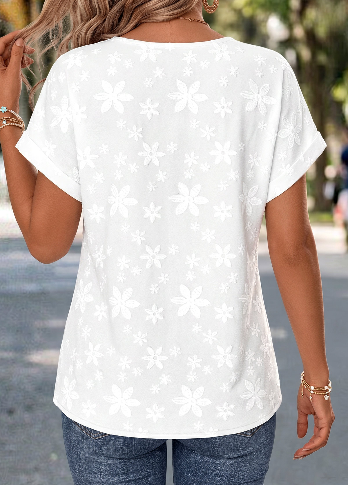 White Lace Trim Short Sleeve Round Neck Blouse | picture 