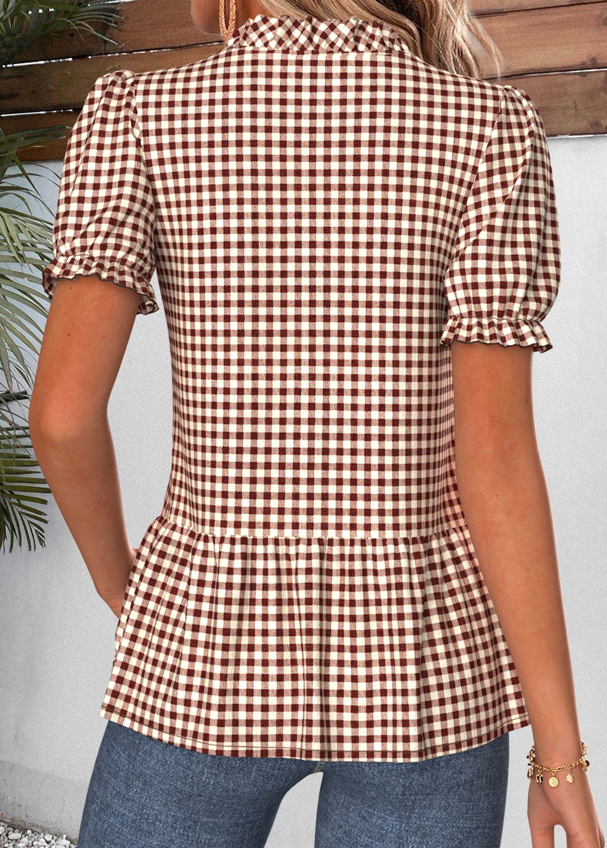 Dark Coffee Gingham Print Ruffle Short Sleeve Blouse | picture 