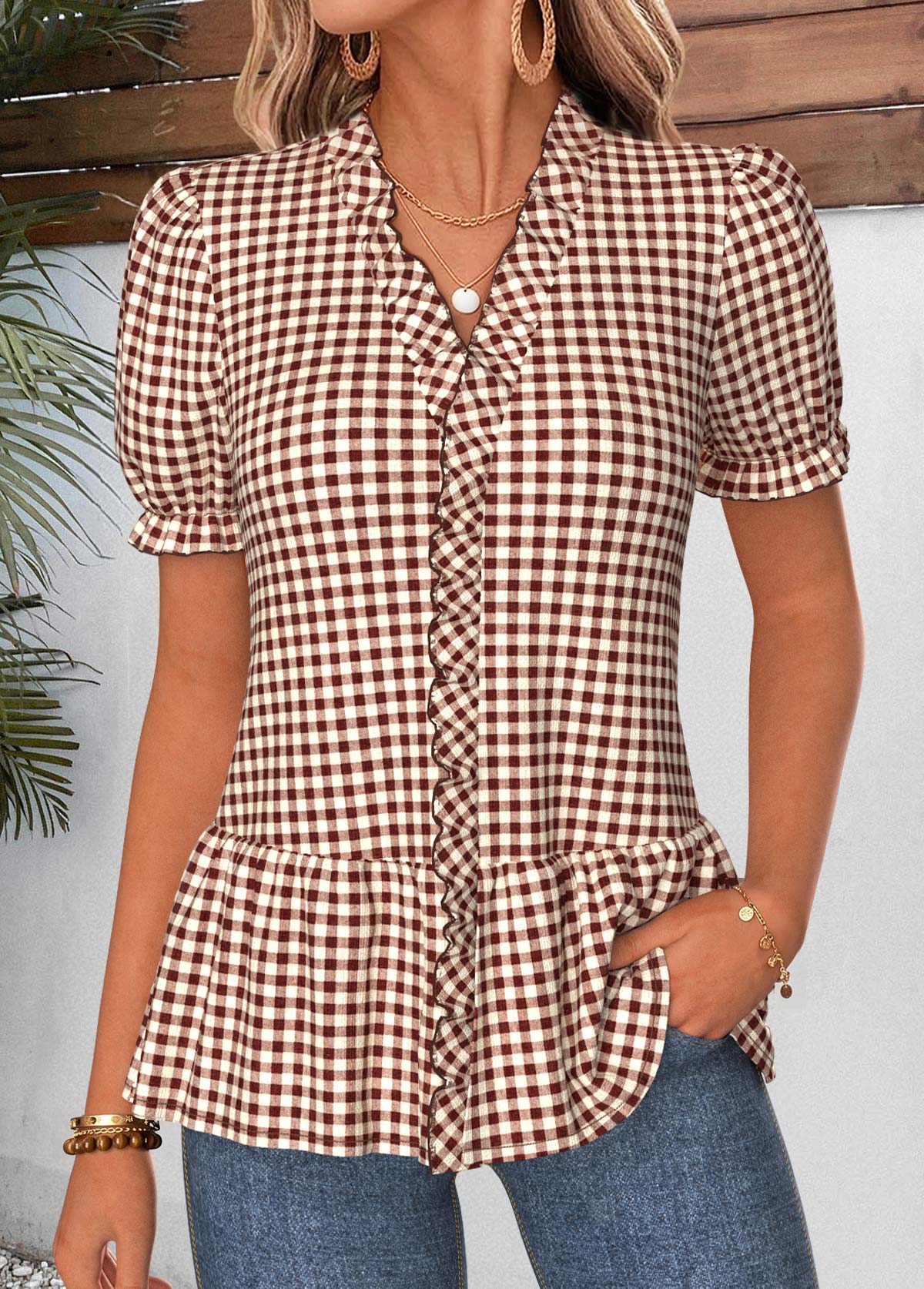 Dark Coffee Gingham Print Ruffle Short Sleeve Blouse | picture 