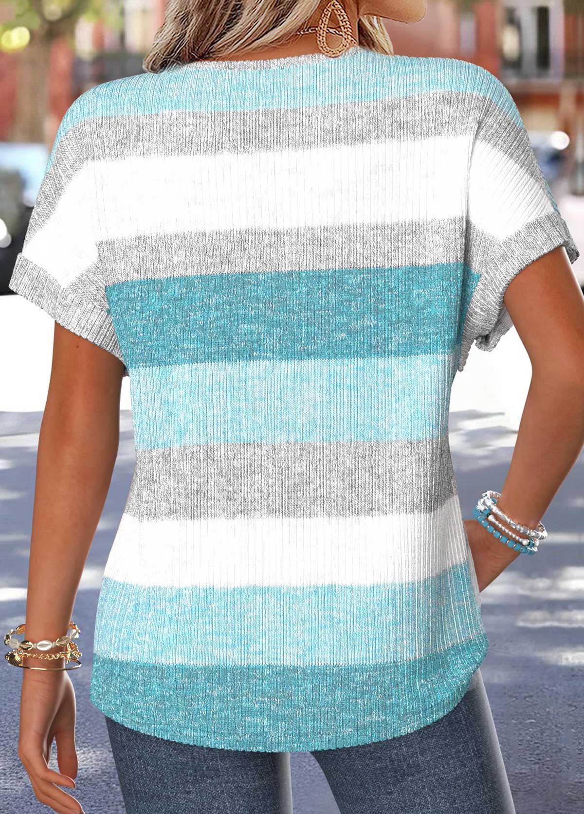 Mint Green Striped Tummy Coverage Short Sleeve T Shirt | picture 