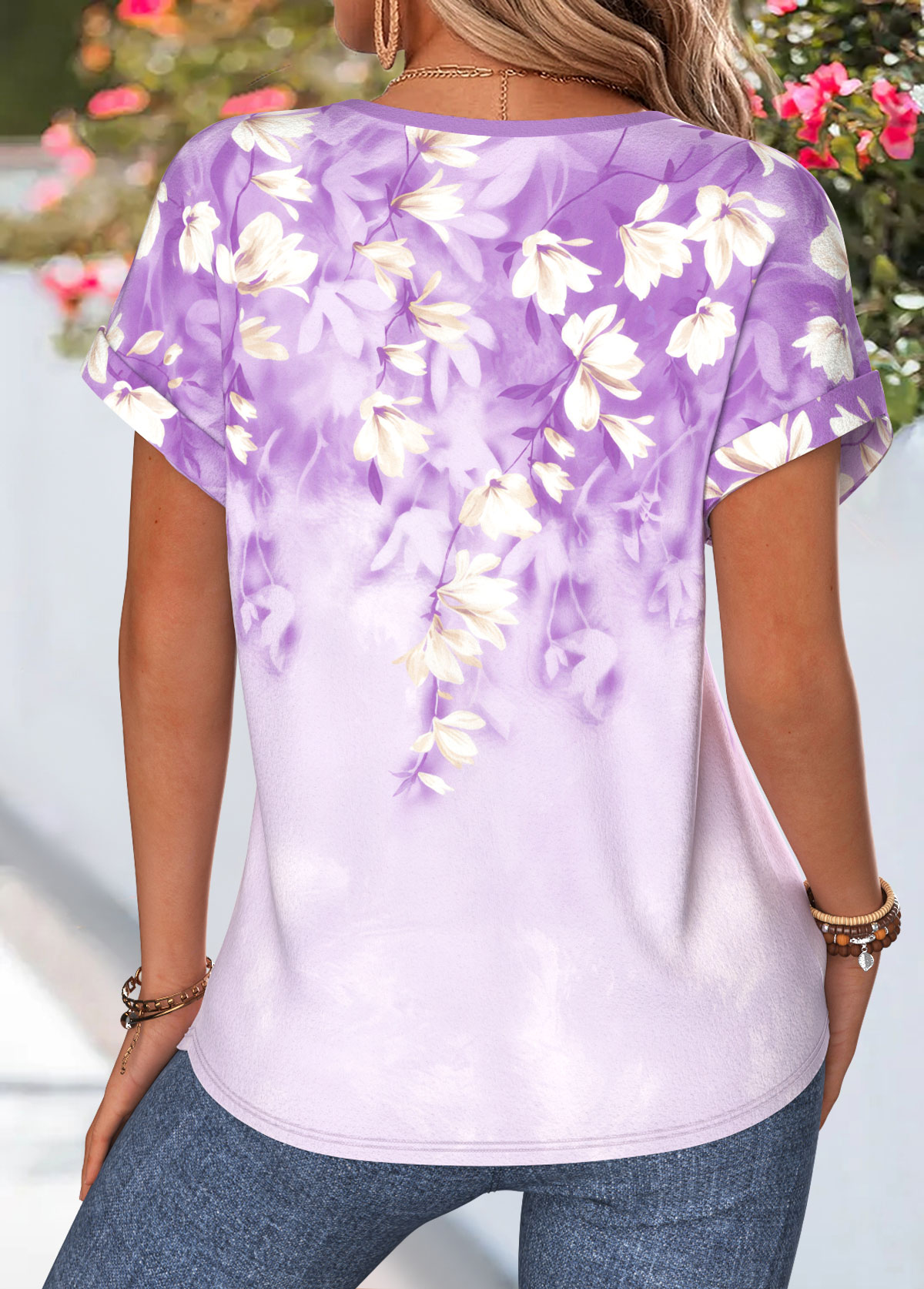 Light Purple Floral Print Tummy Coverage Short Sleeve Blouse | picture 