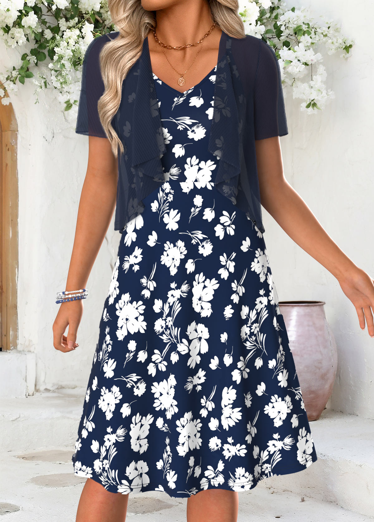 Navy Floral Print Tummy Coverage Short Sleeve Dress | picture 