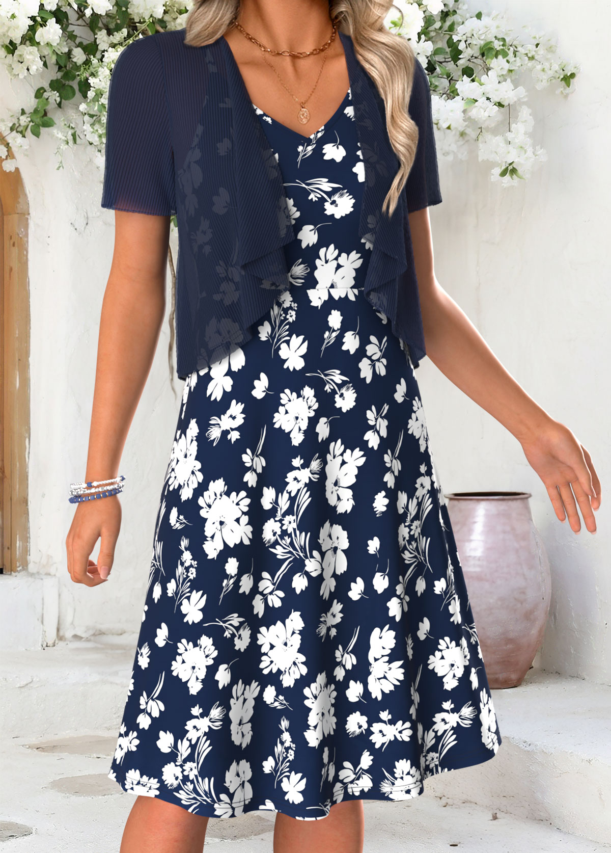Navy Floral Print Tummy Coverage Short Sleeve Dress | picture 