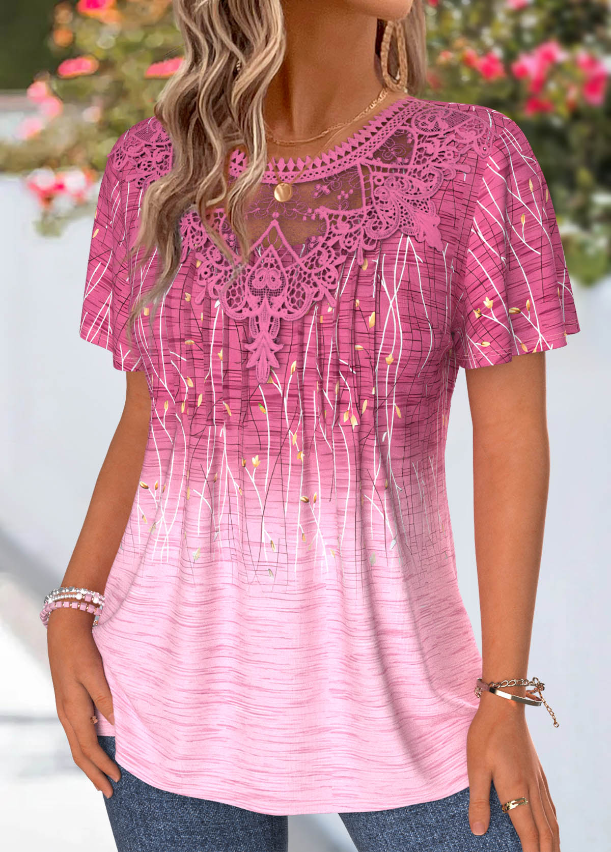 Pink Ombre Tuck Stitch Short Sleeve T Shirt | picture 