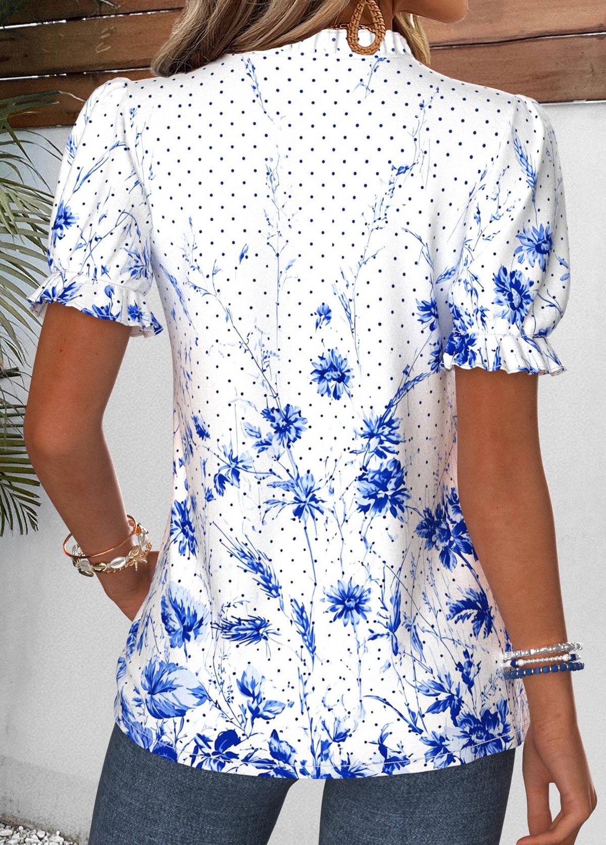 Raw White Floral Print Ruffle Short Sleeve T Shirt | picture 
