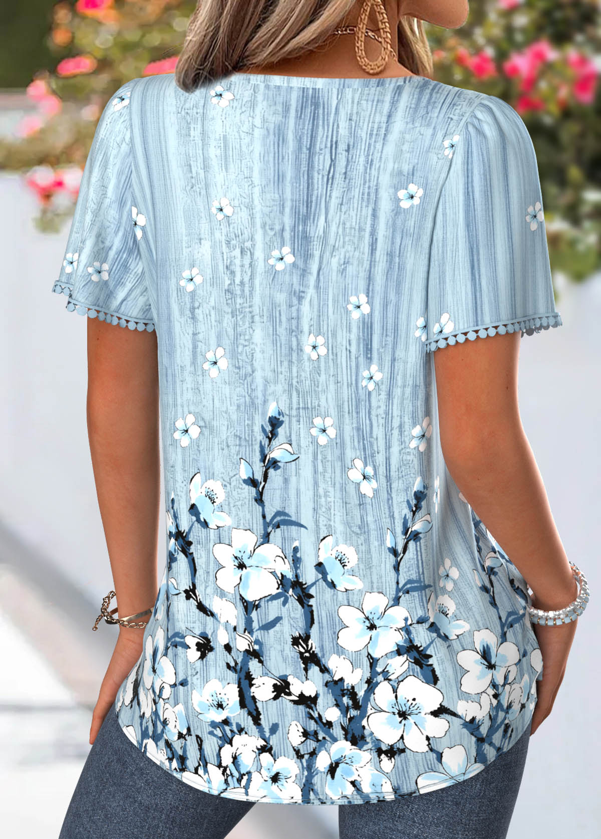 Light Grey Floral Print Tummy Coverage Short Sleeve Blouse | picture 