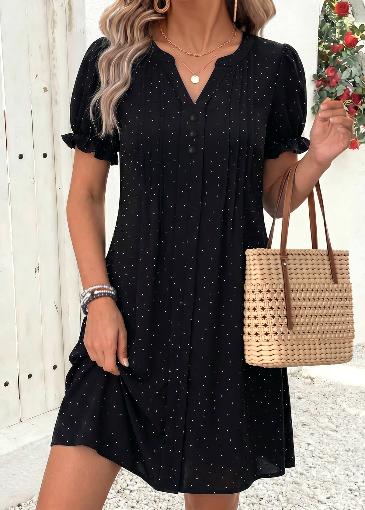 Black Polka Dot Short Tummy Coverage Split Neck Dress | picture 