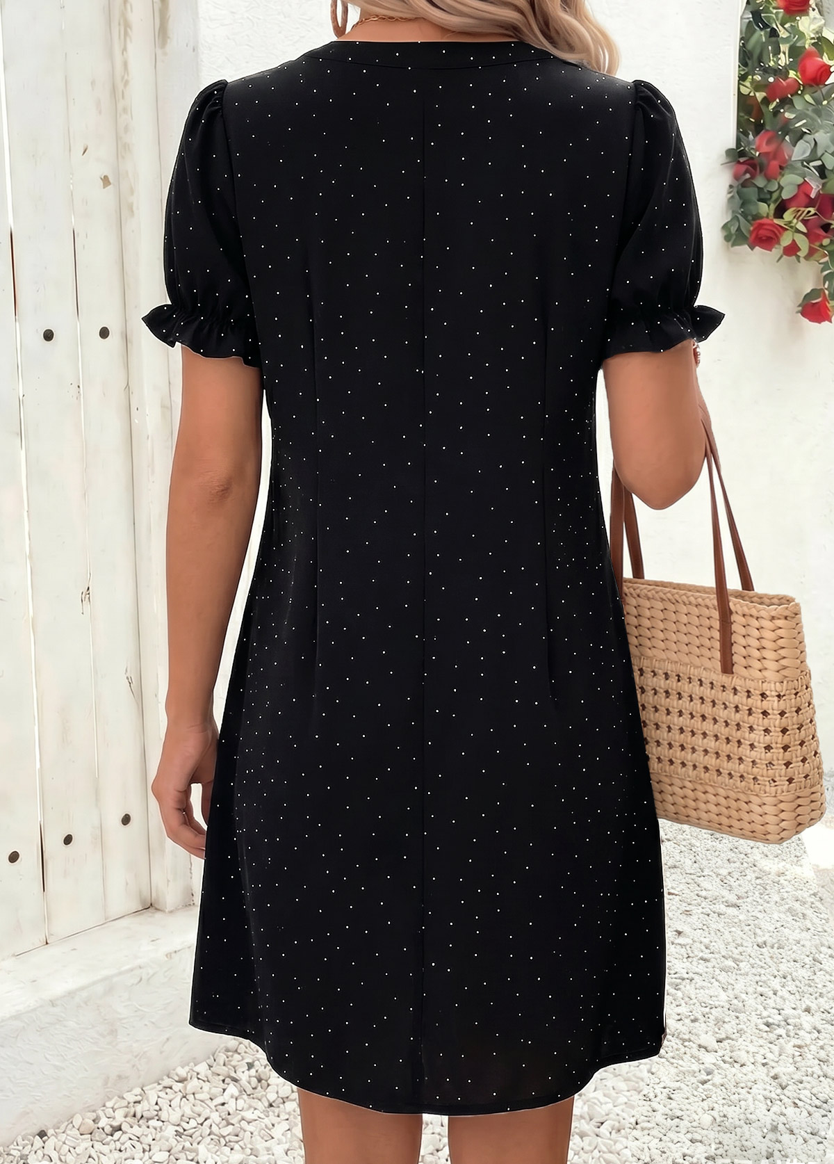 Black Polka Dot Short Tummy Coverage Split Neck Dress | picture 