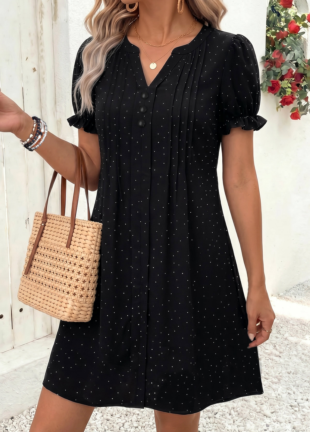 Black Polka Dot Short Tummy Coverage Split Neck Dress | picture 