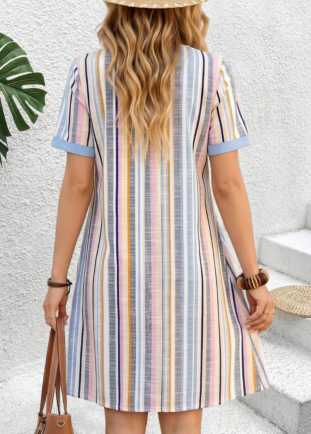 Multi Color Short Patchwork Split Neck Dress | picture 