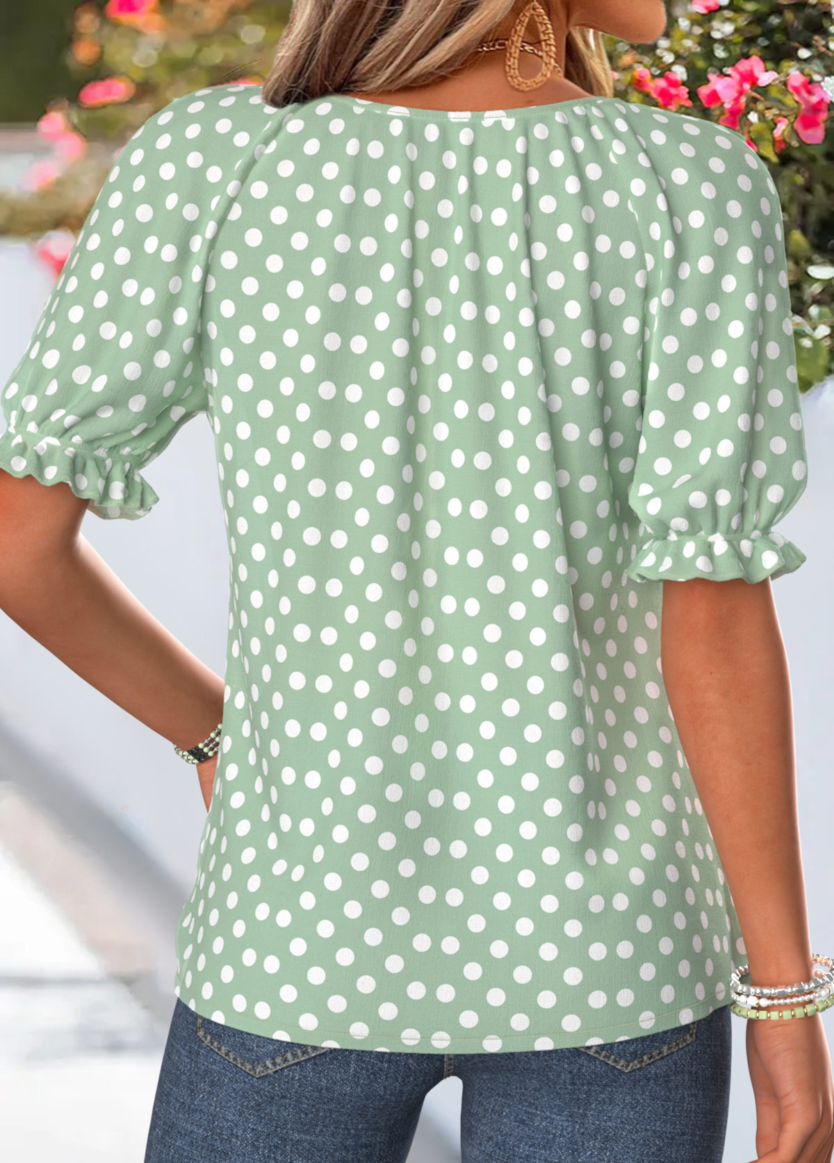 Light Green Polka Dot Ruffle Short Sleeve Blouse | picture 
