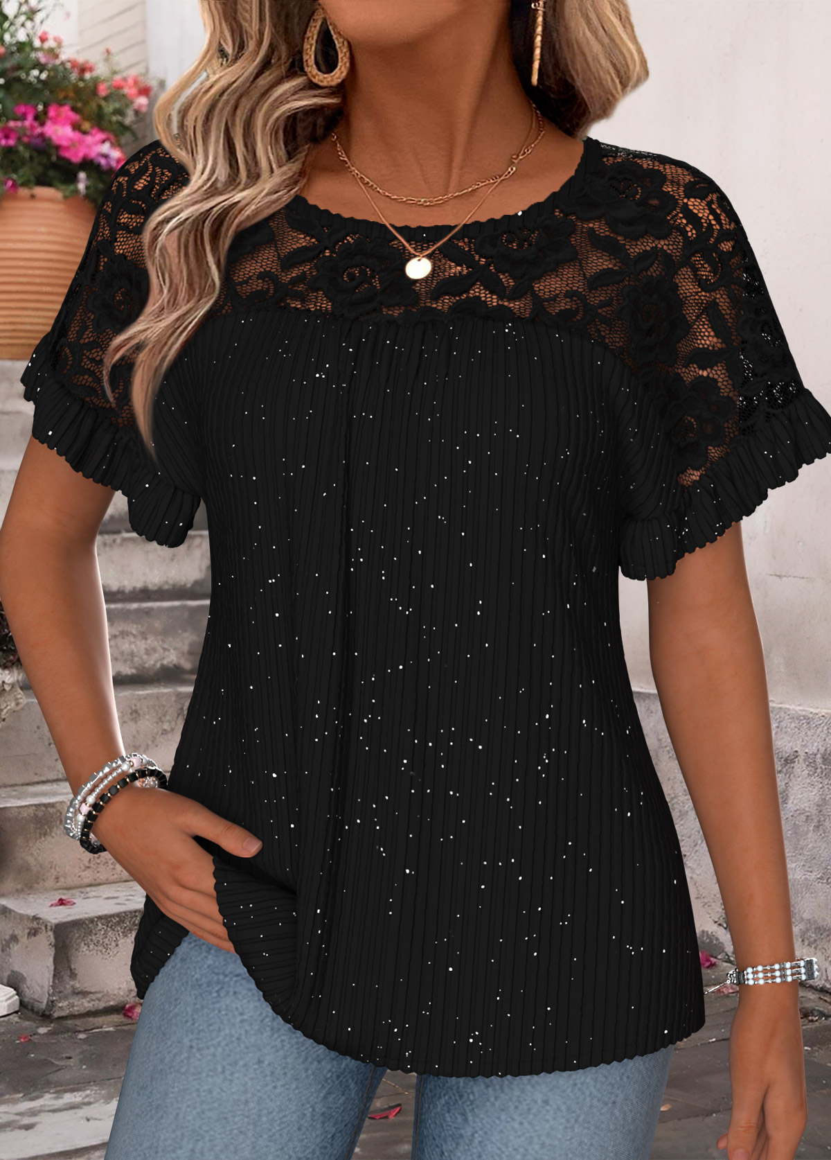 Black Patchwork Short Sleeve Round Neck T Shirt | picture 