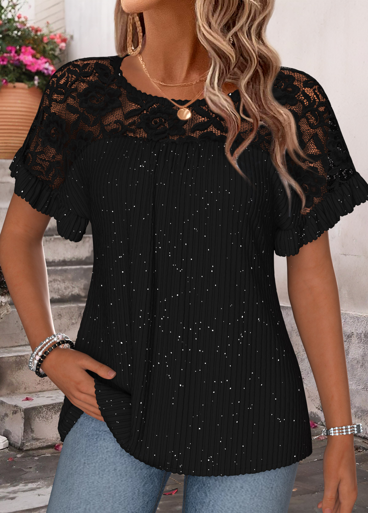 Black Patchwork Short Sleeve Round Neck T Shirt | picture 