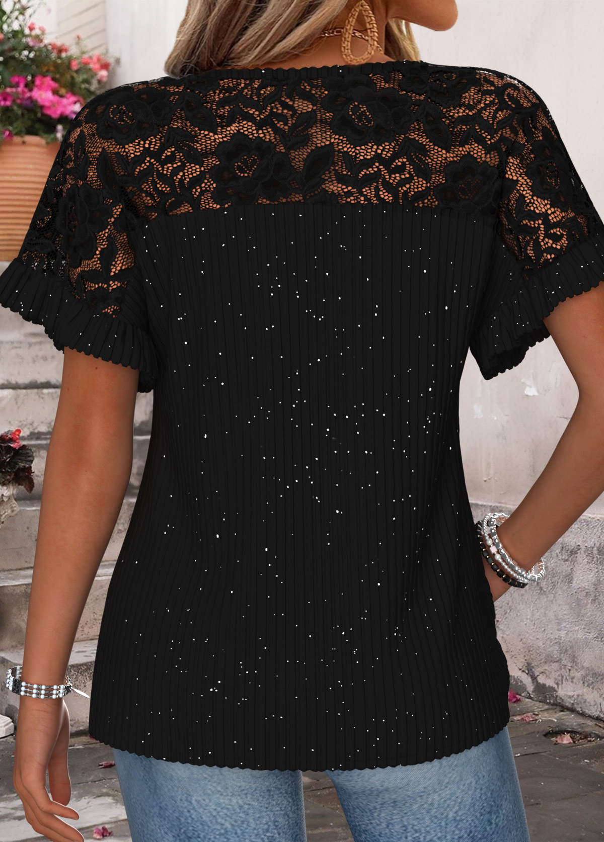 Black Patchwork Short Sleeve Round Neck T Shirt | picture 