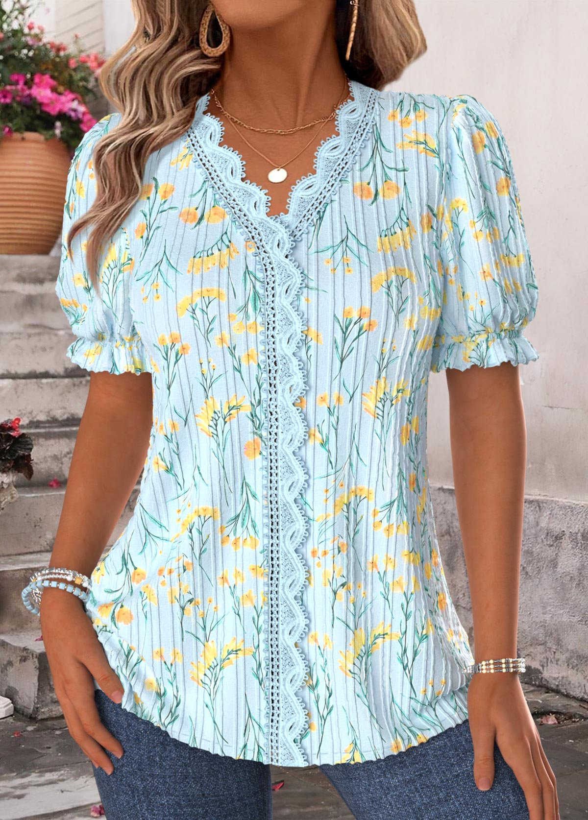 Light Blue Floral Print Patchwork Short Sleeve Blouse | picture 