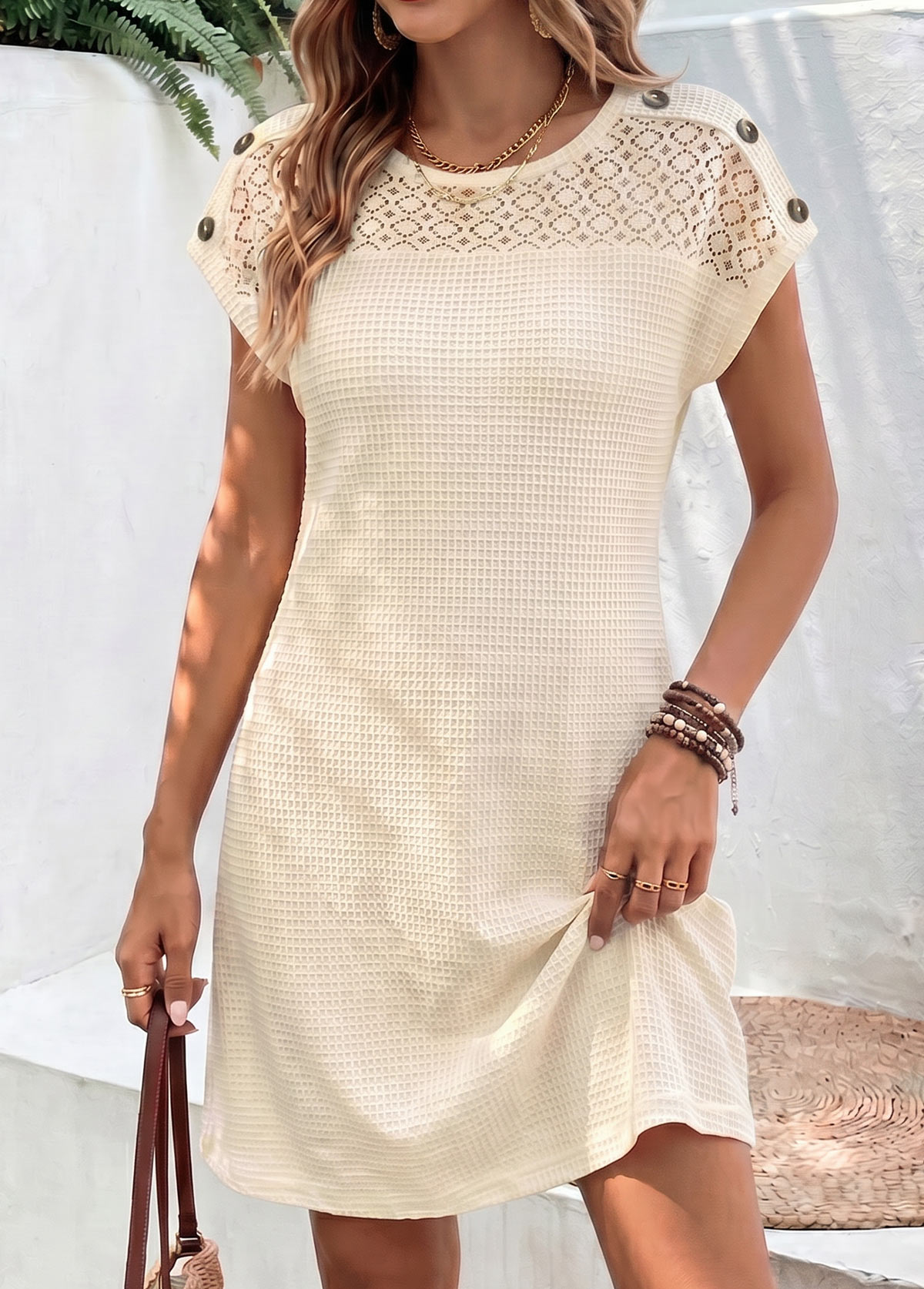Beige Short Patchwork Round Neck Dress | picture 
