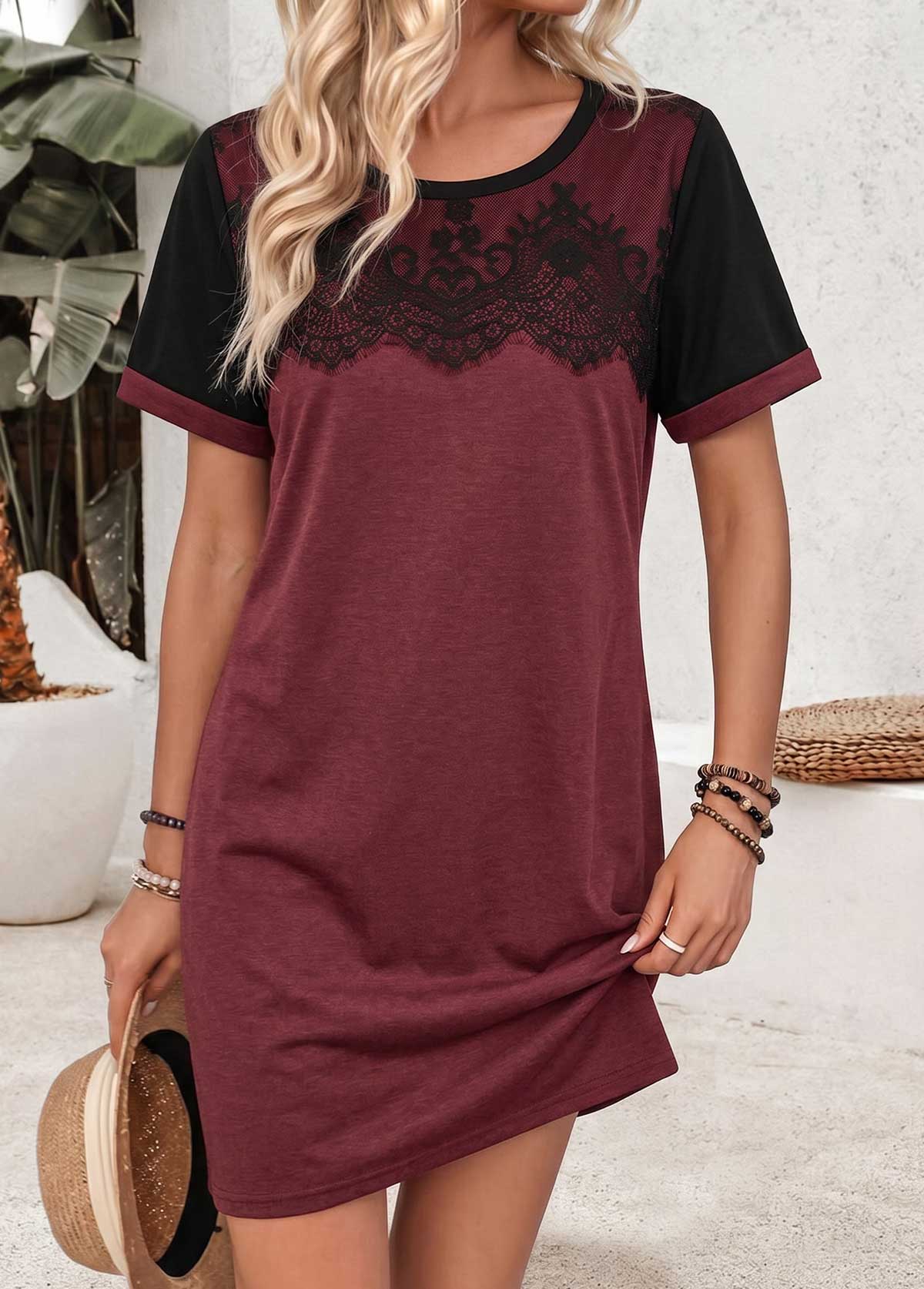 Wine Red Short Tummy Coverage Round Neck Dress | picture 